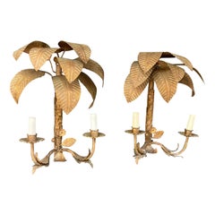 MAISON JANSEN (style of) pair of lamps in gilded metal with palm tree decoration