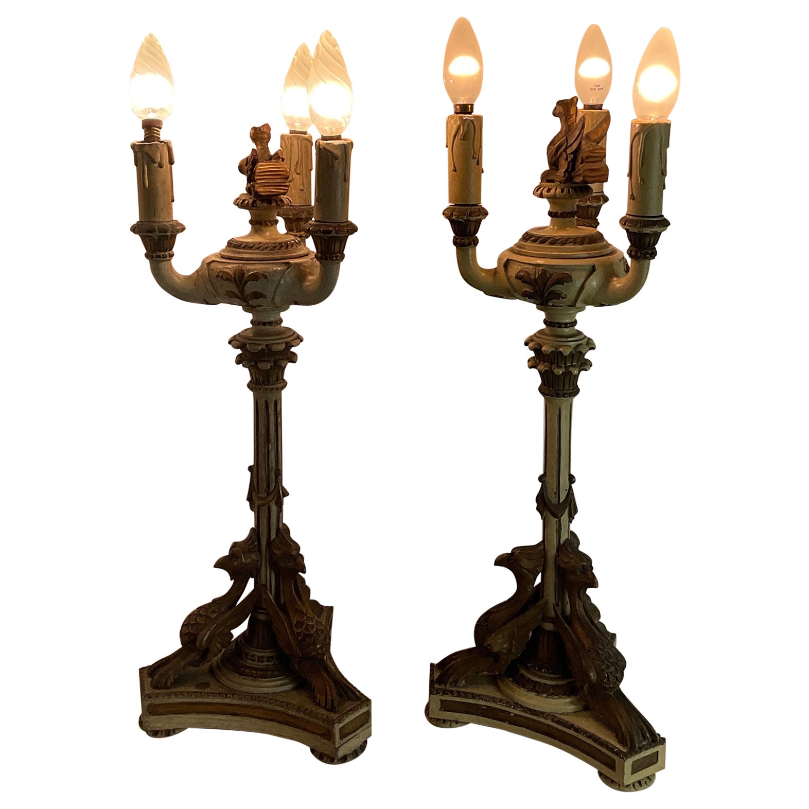 Impero  style Lacquered and gilded wood candlesticks from the late 1800s For Sale