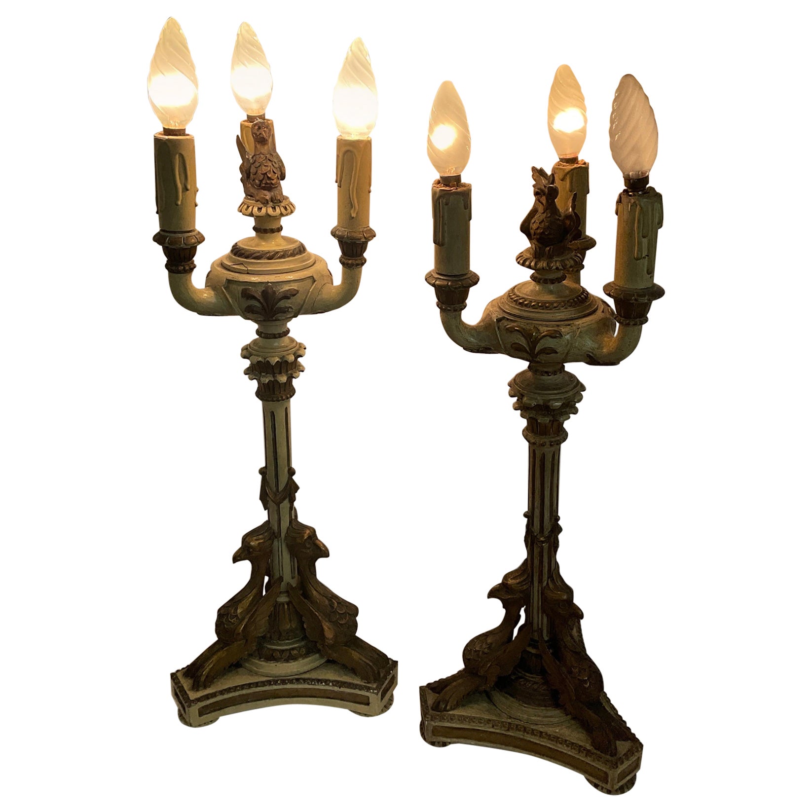 Empire-style lacquered and gilded wood candlesticks from the late 1800s For Sale