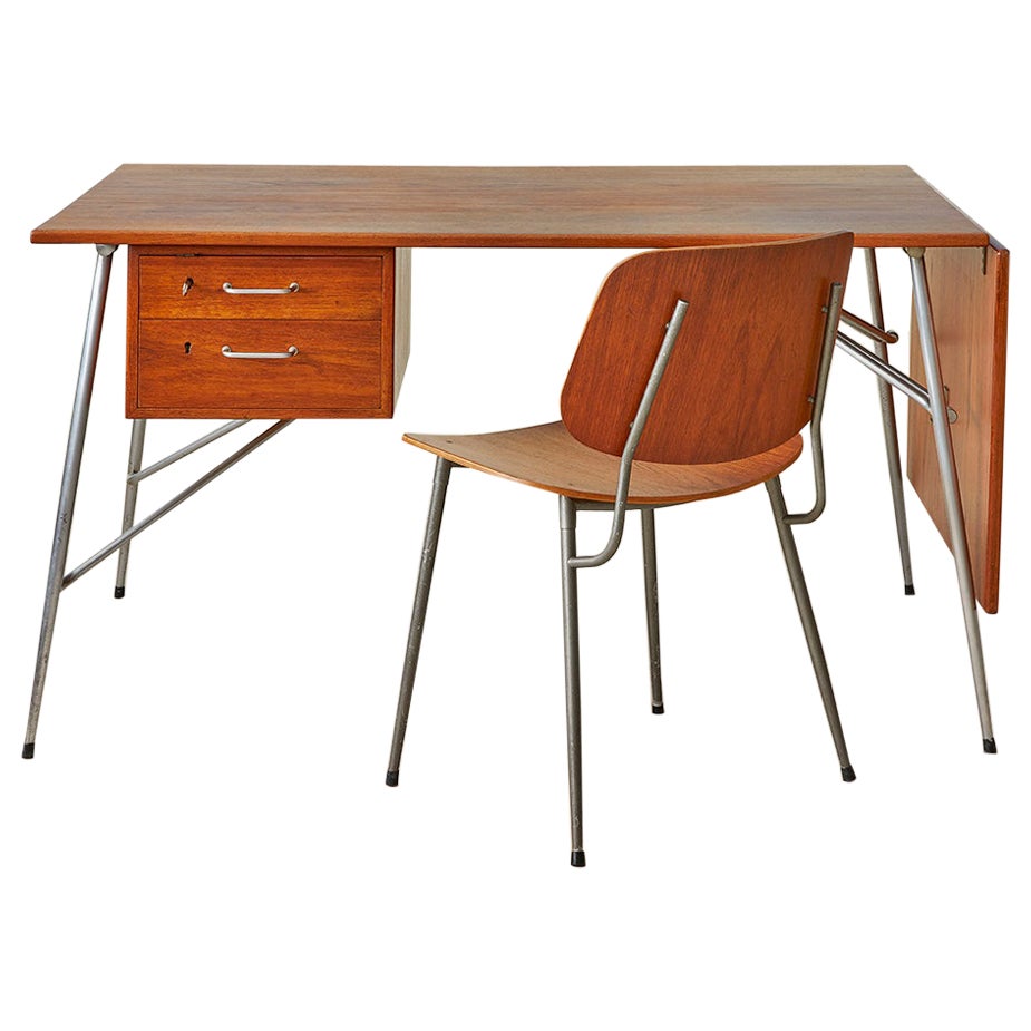 Vintage Børge Mogensen Desk and Chair in Teak and Steel, Denmark, 20th Century For Sale