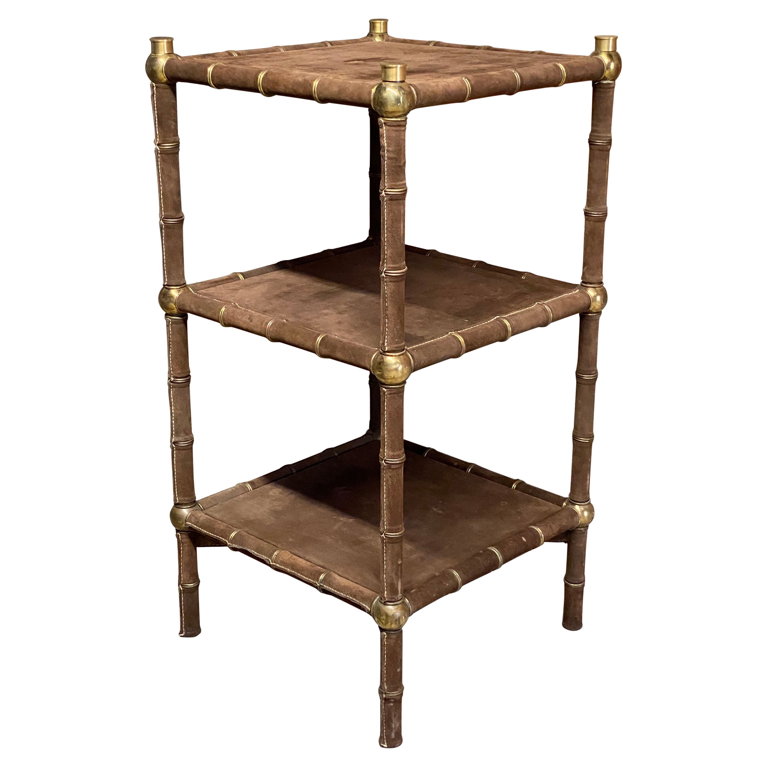 1970s Brown Suede and Brass Shelving Unit