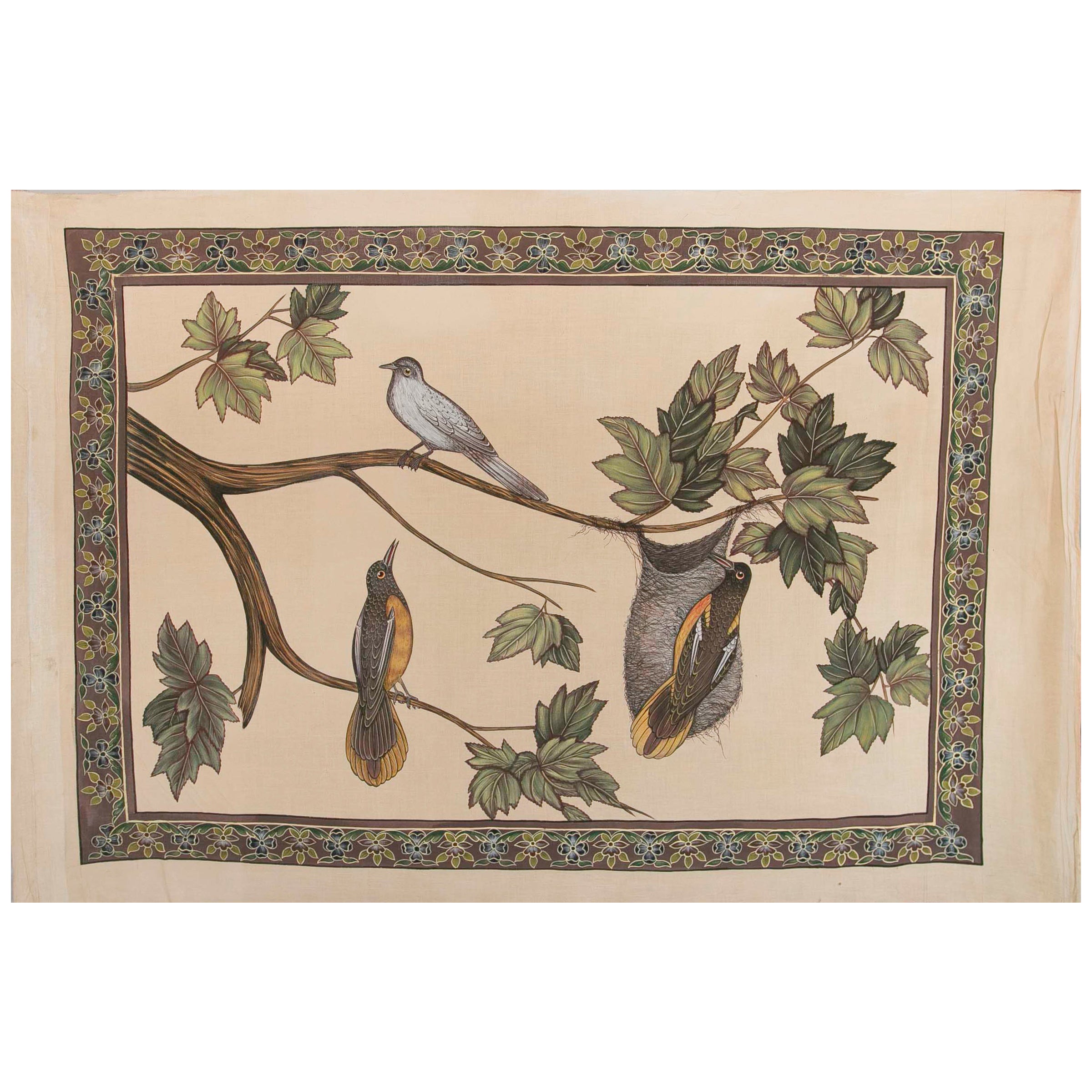 Hand-Painted Bordered Fabric with Birds on Tree  For Sale