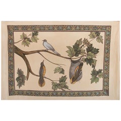 Vintage Hand-Painted Bordered Fabric with Birds on Tree 