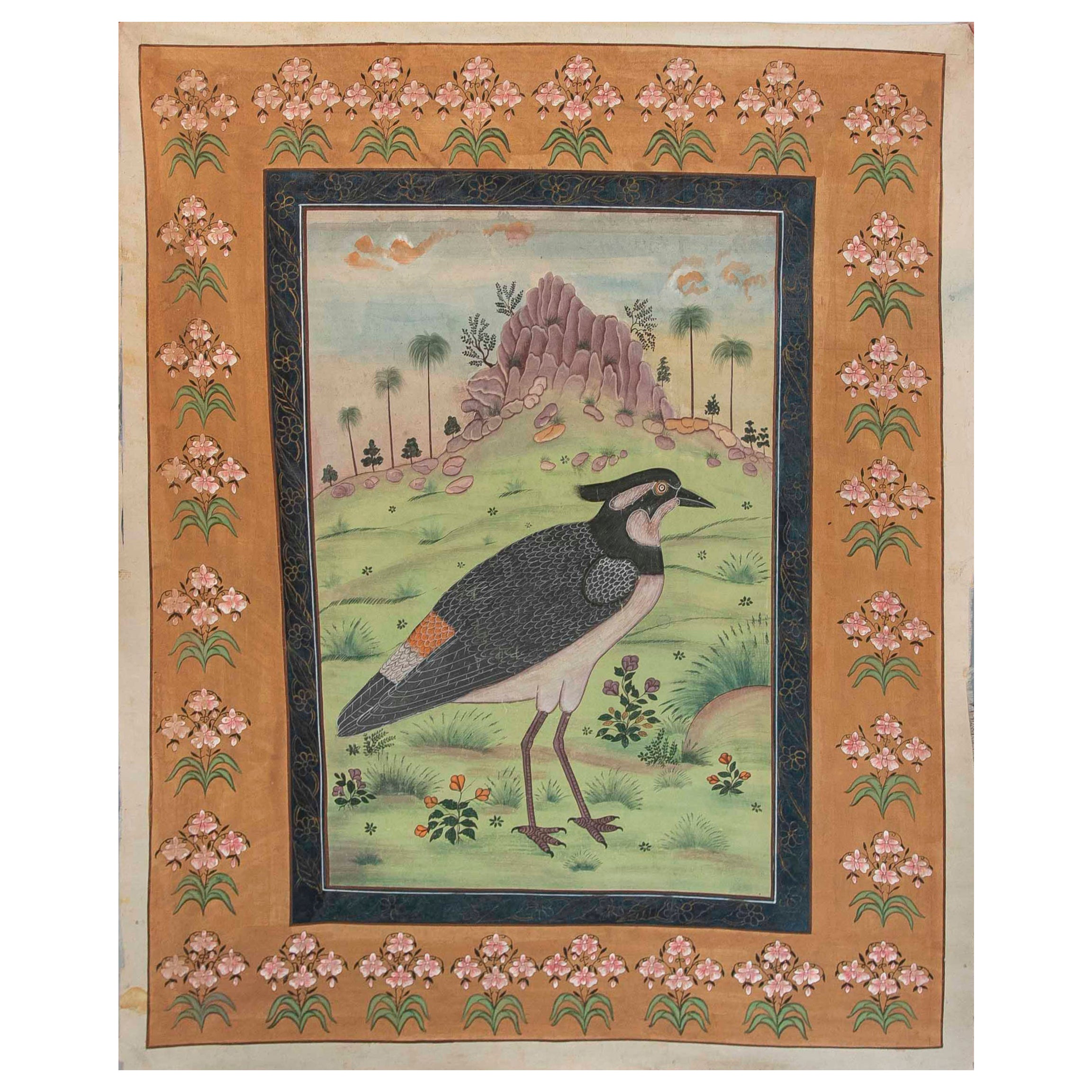 Hand-Painted of a Bird on Canvas Among Nature with a Flower Border  For Sale