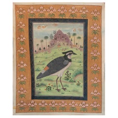 Retro Hand-Painted of a Bird on Canvas Among Nature with a Flower Border 