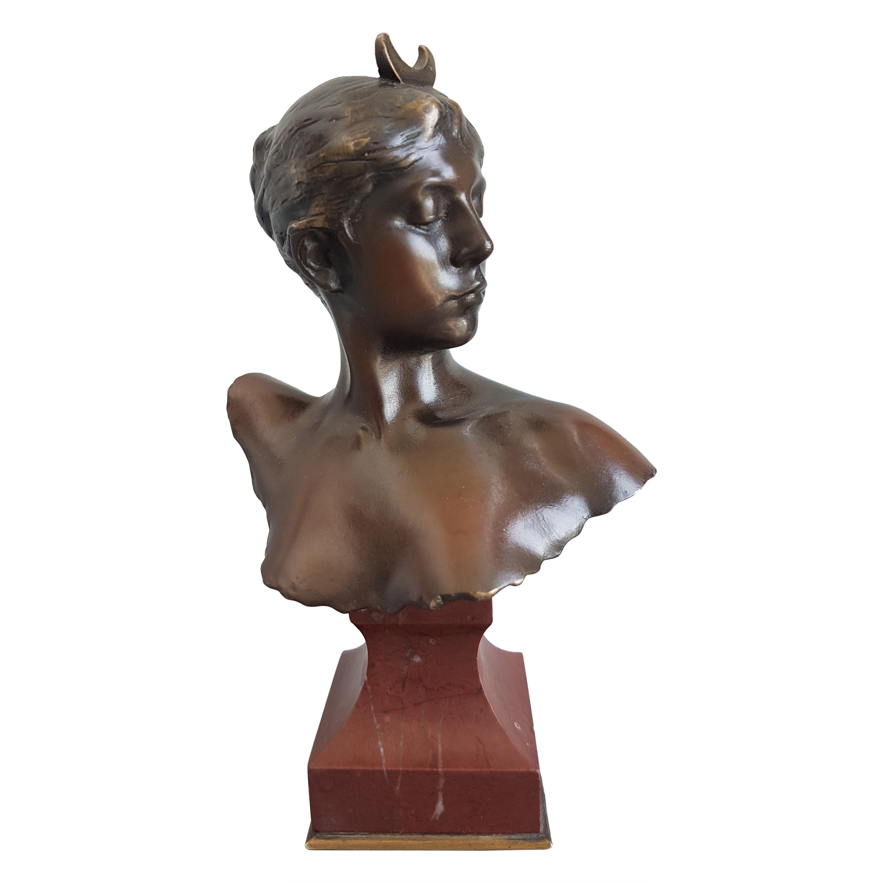 French Art Nouveau bronze bust of Diana Signed by Alexandre Falguiere For Sale