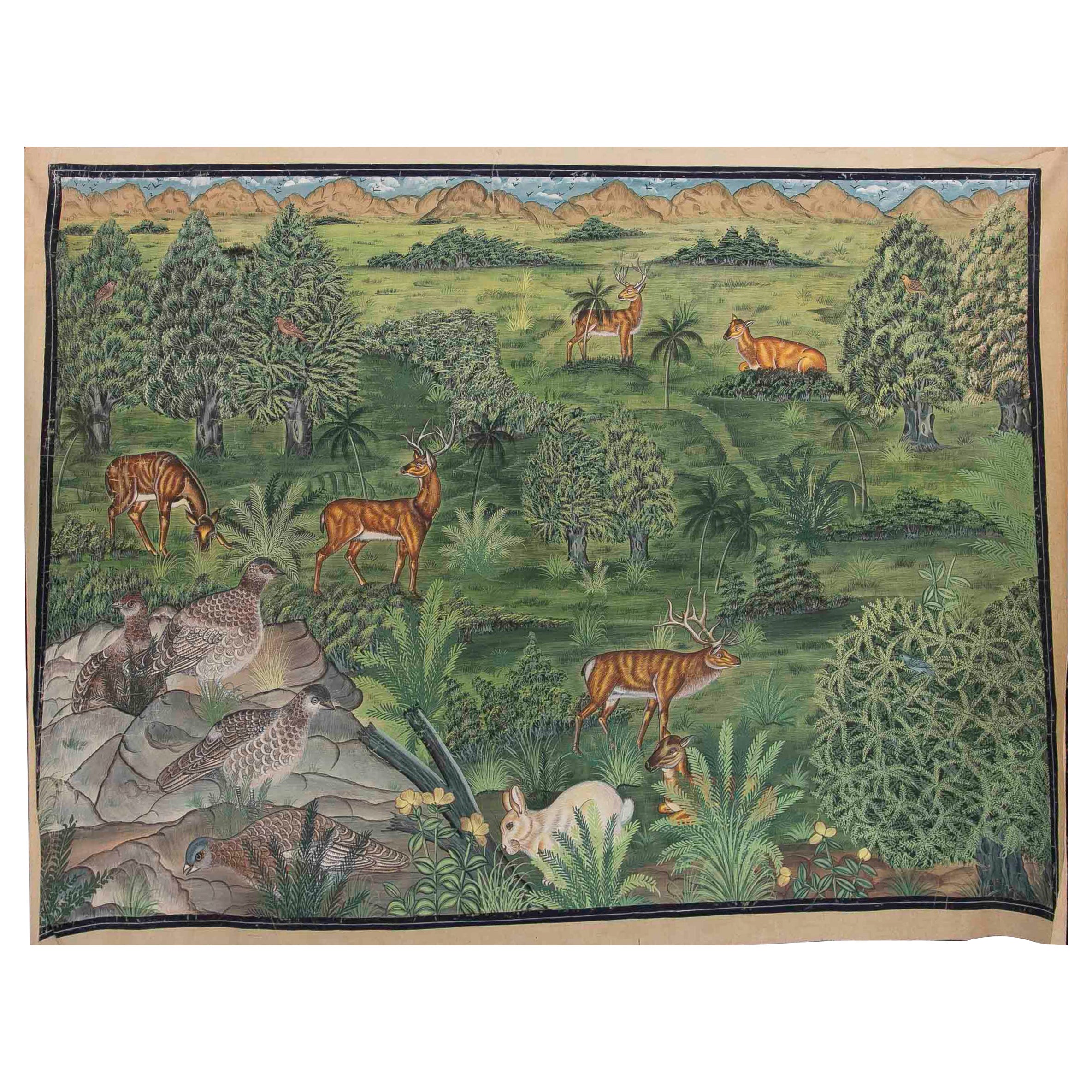 Peinture sur toile d'un paysage avec des fleurs et des animaux tels que des cerfs