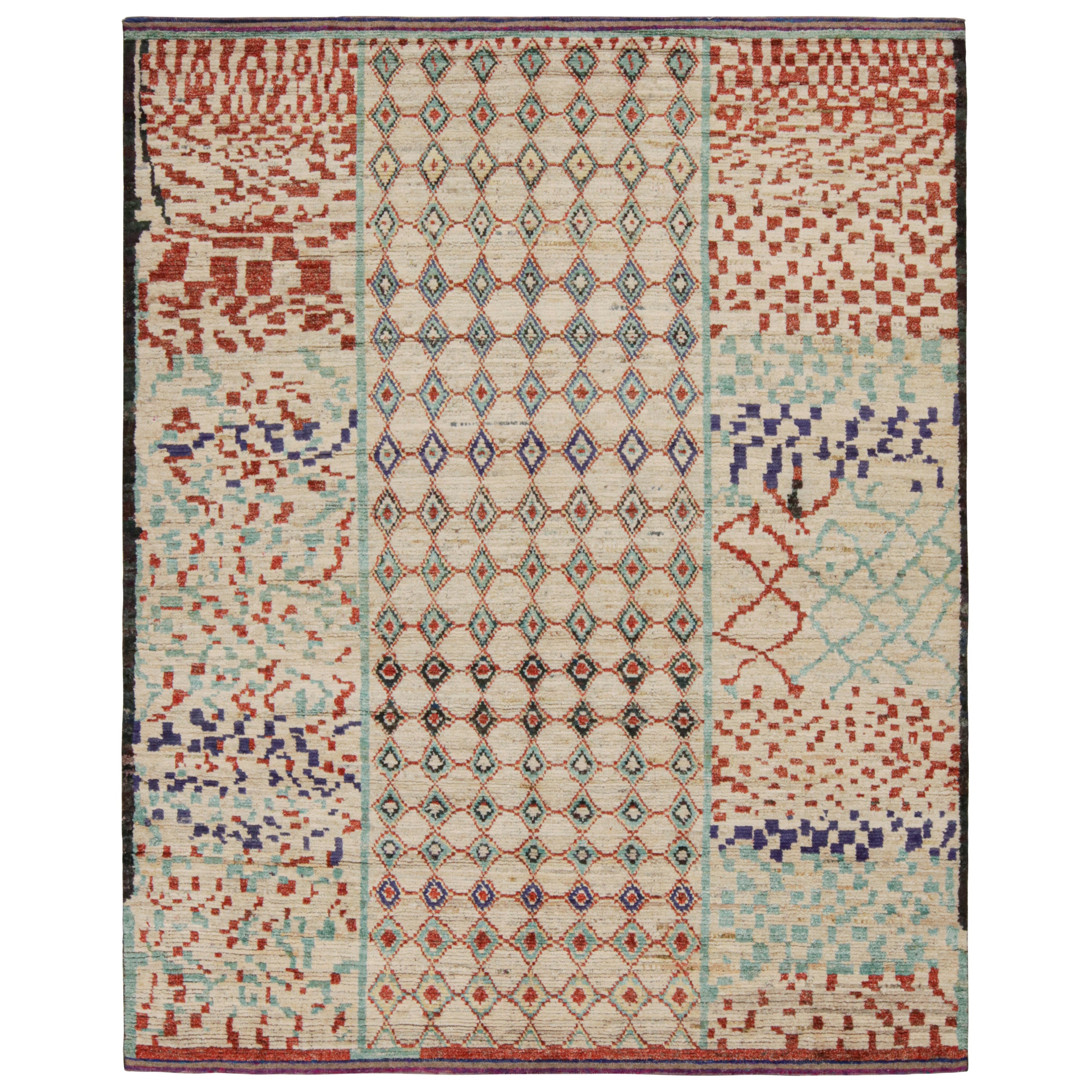 Rug & Kilim’s Moroccan Style Rug in Beige, Red & Blue Geometric Patterns For Sale