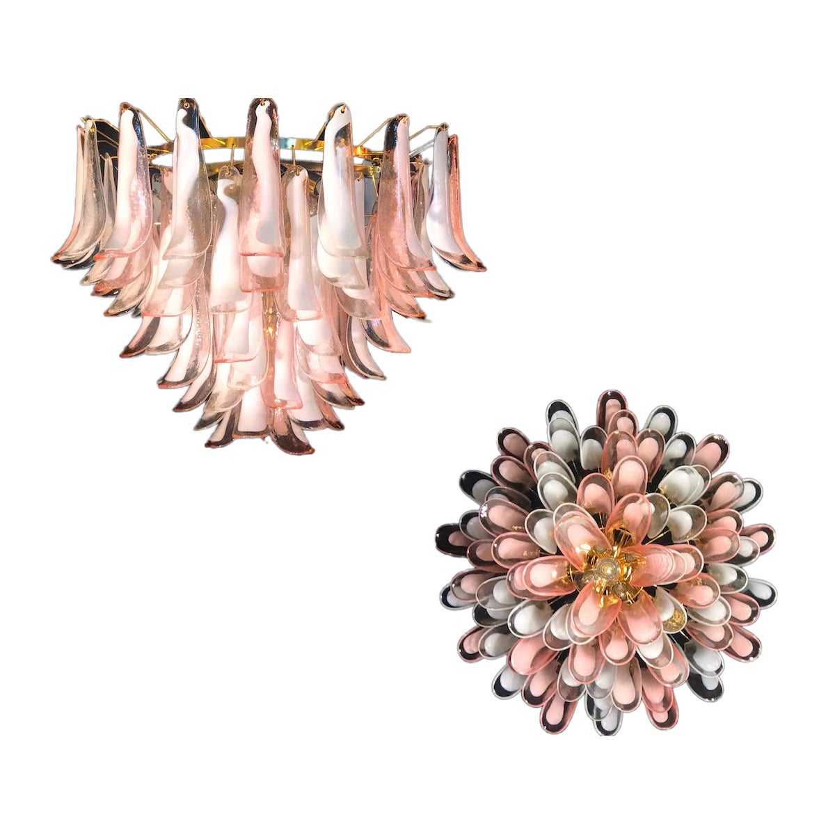 Spectaculaire lustre à pétales en verre de Murano rose et blanc avec cadre en laiton