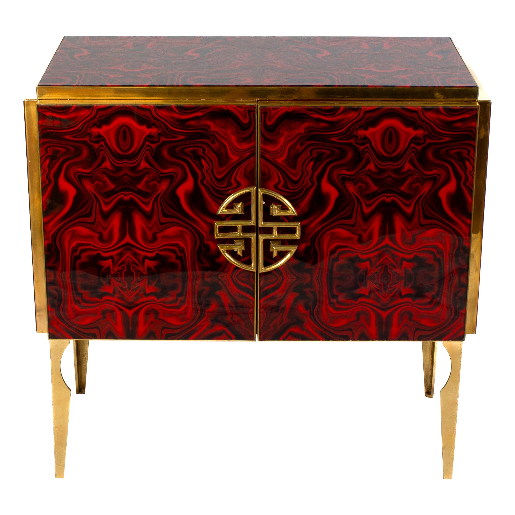 Midcentury Style Brass and Red Fantasy Murano Glass Bar Cabinet, 2020 For Sale