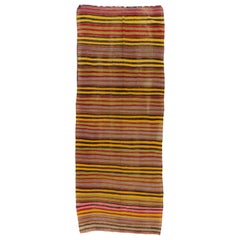 Kilim turco de lana multicolor hecho a mano con bandas vintage de 4,7x12,2 pies de tejido plano