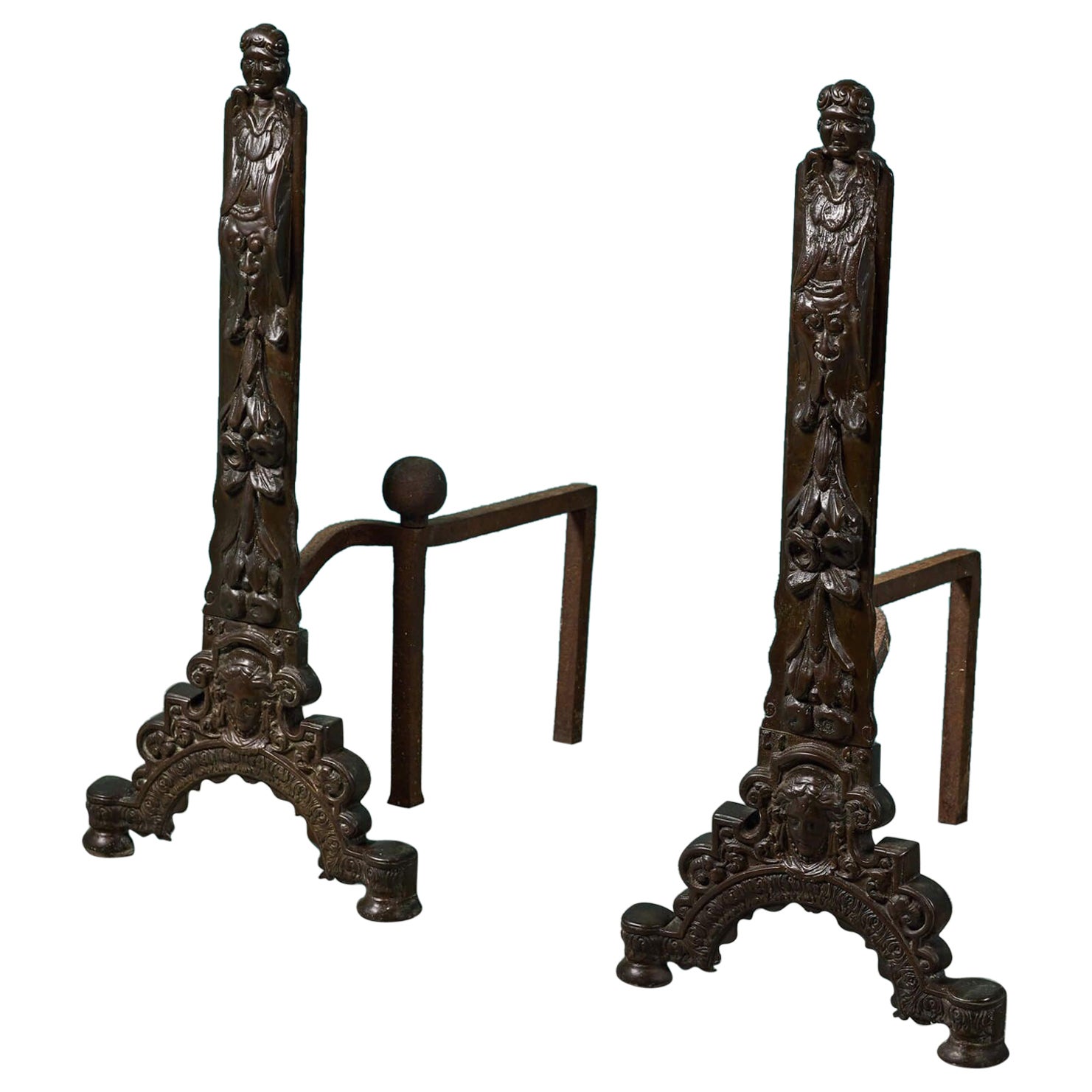 Set of Cast Bronze Baroque Style Antique Fire Andirons For Sale