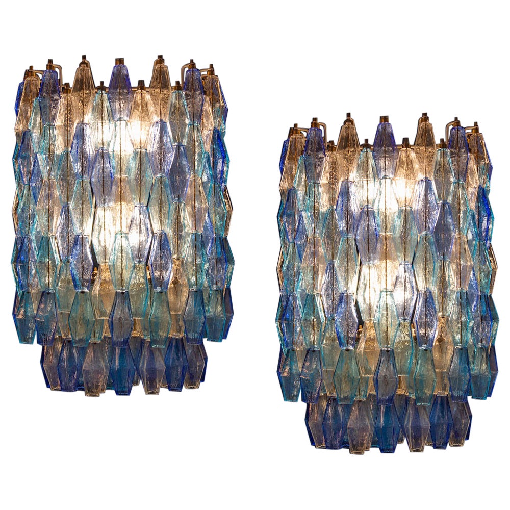 Pair of Majestic Murano Glass Sapphire Colored Poliedri Chandelier For Sale
