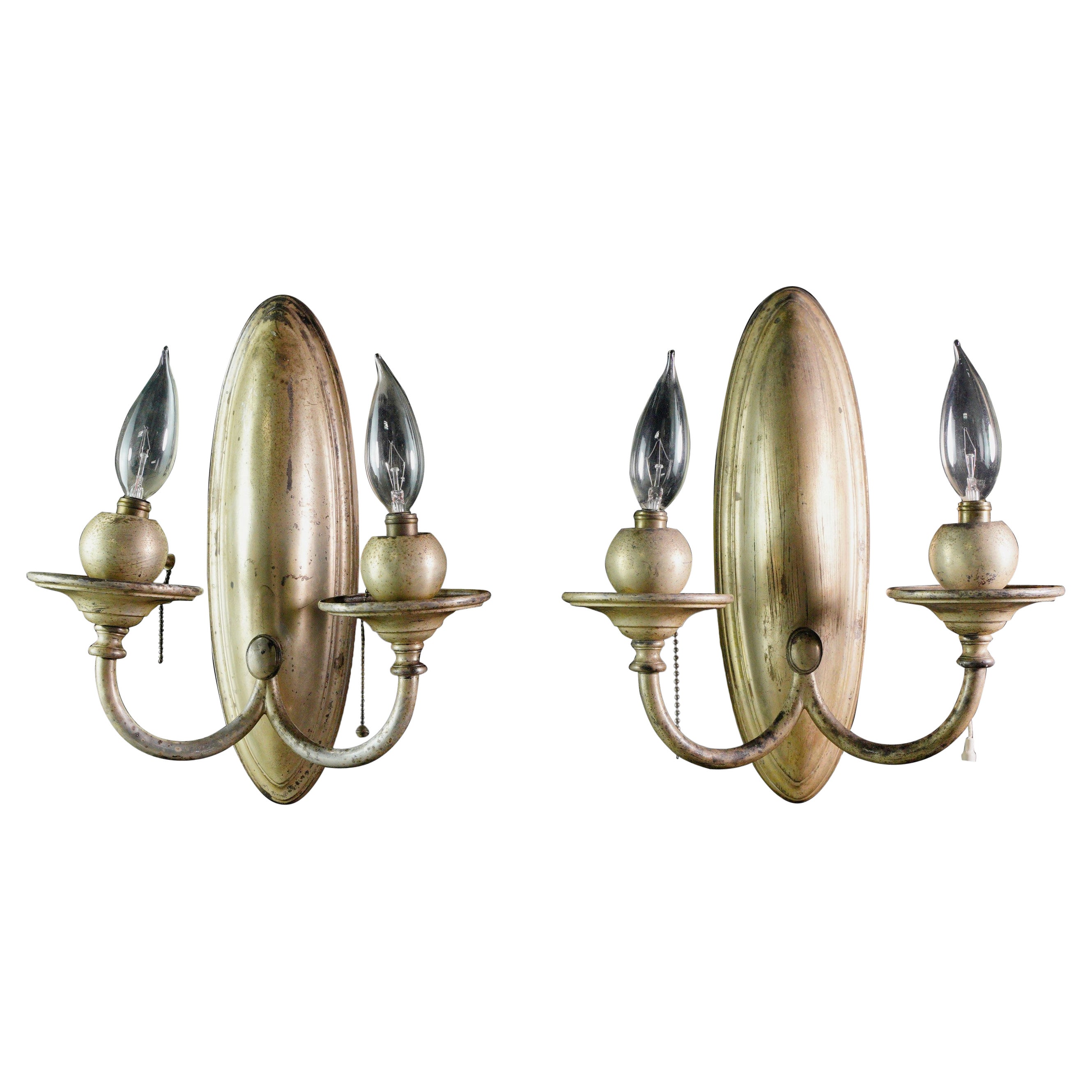 Pair Bradley & Hubbard Silvered Brass 2 Arm Wall Sconces For Sale