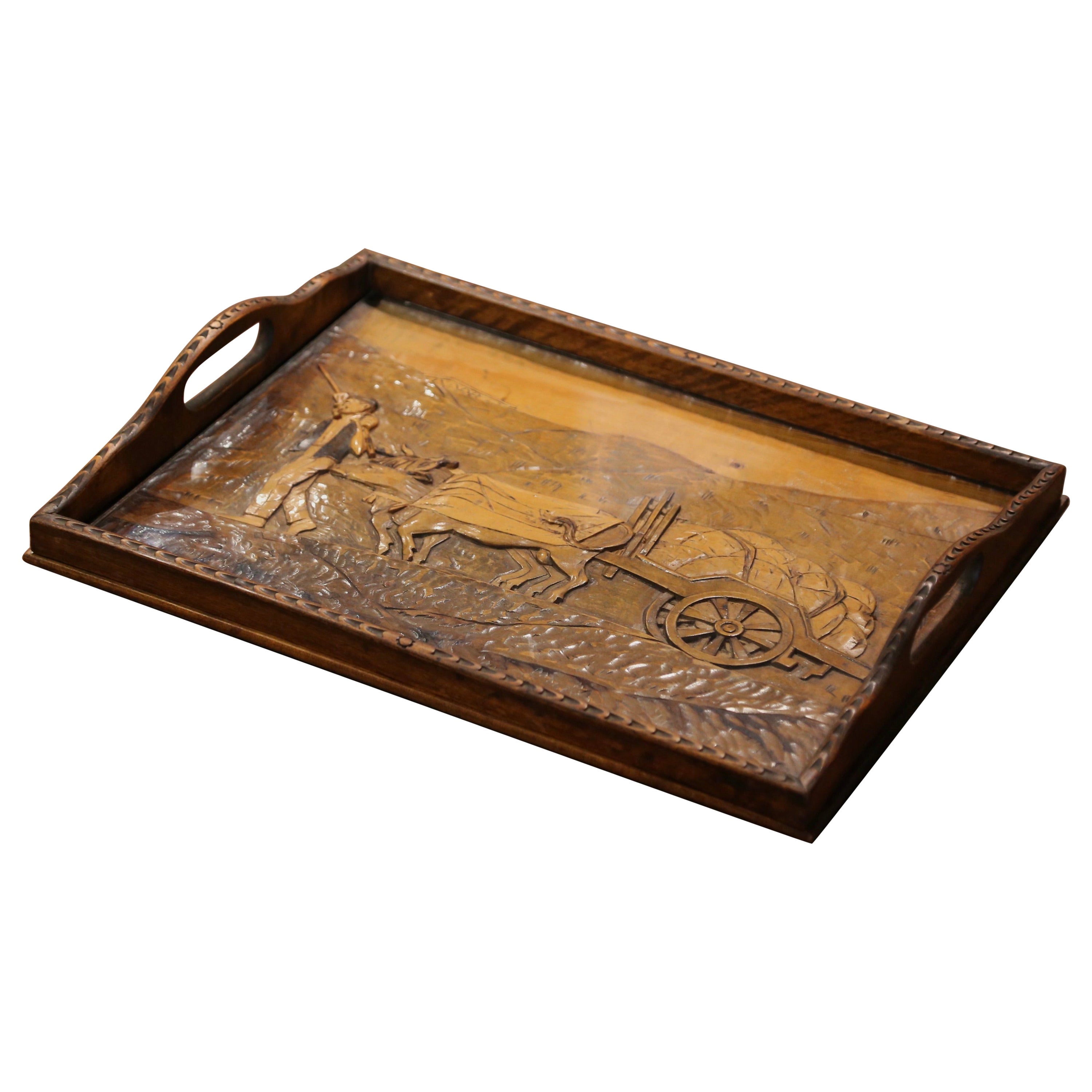 Early 20th Century French Art Populaire Carved Walnut Tray Table with Glass Top For Sale