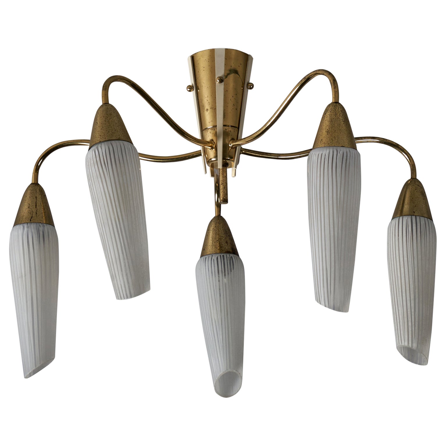 Swedish Designer, Chandelier, Brass, Glass, Sweden, 1950s For Sale