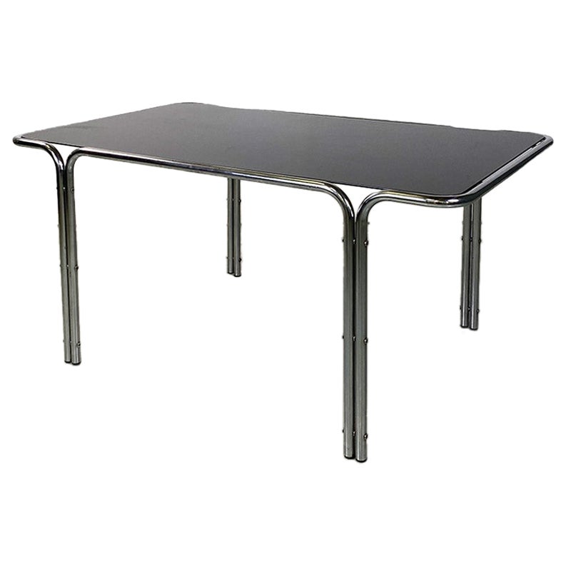 Italian modern tubular steel and smoked glass dining table or desk, 1970s For Sale