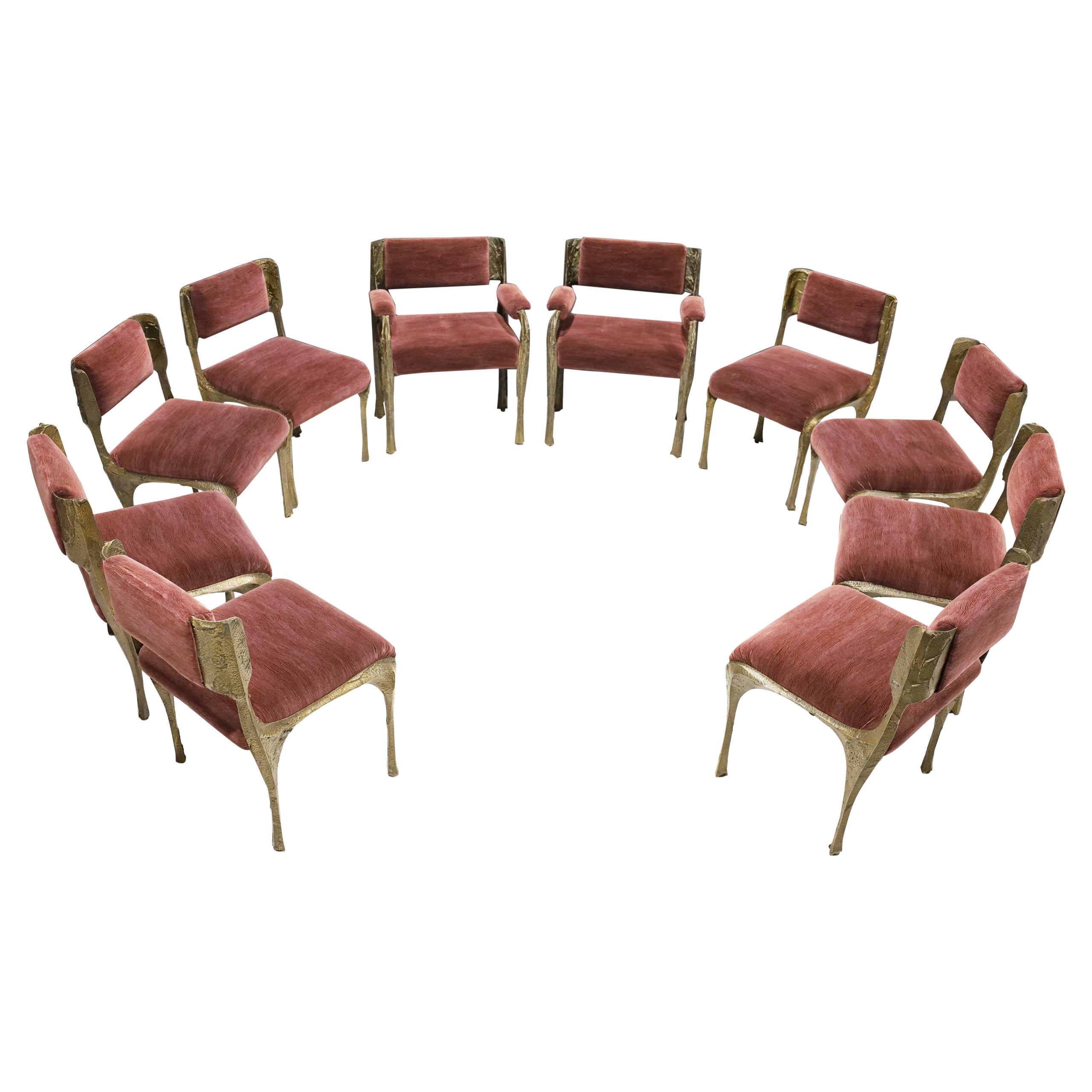 Paul Evans Ensemble de dix chaises de salle à manger en bronze sculpté et tapisserie aubergine