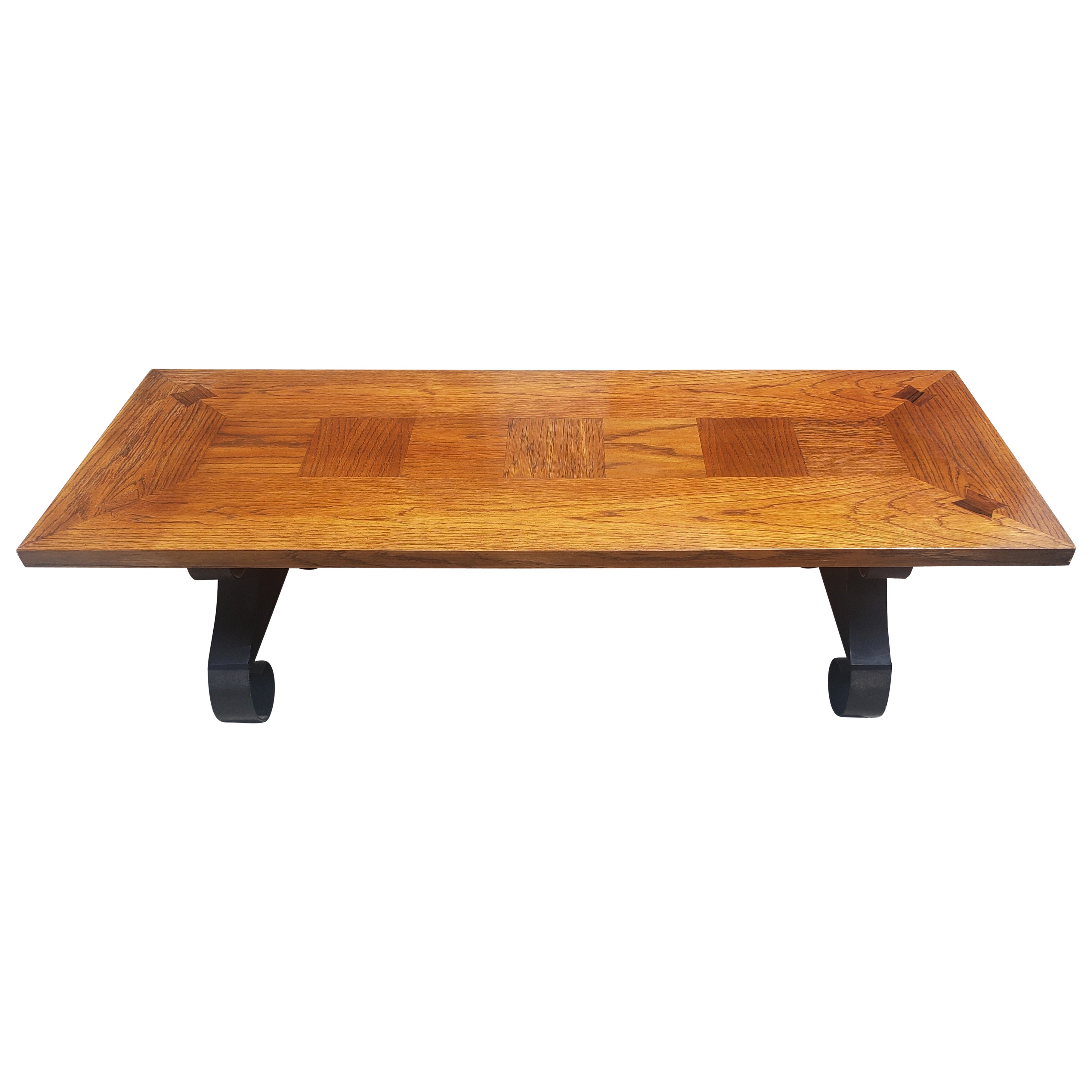 1960s Lane Furniture Brutalist Oak Parquetry and Iron Coffee Table For Sale