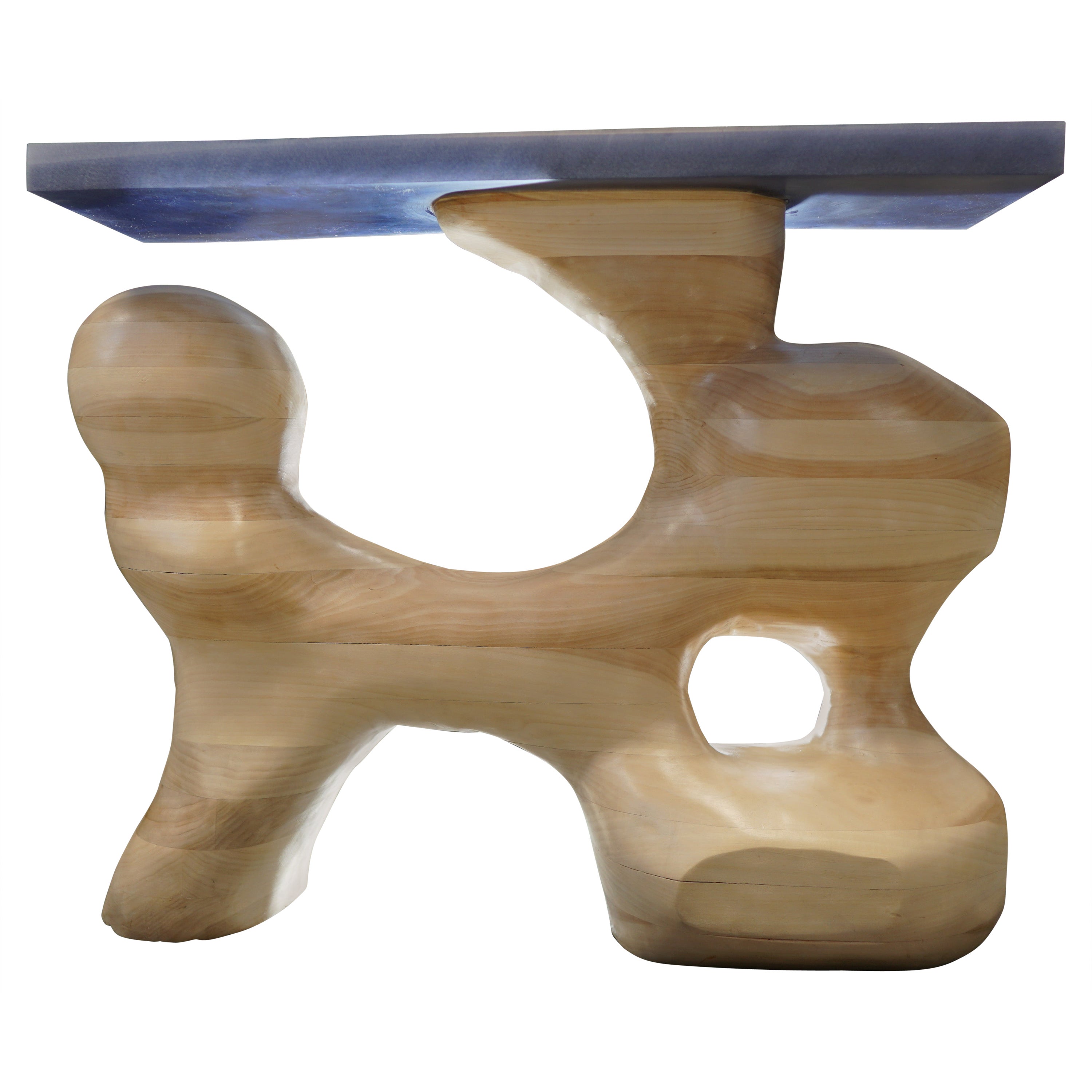 Organic Modern Hand-Carved Poplar Pillars Table with Epoxy Top For Sale