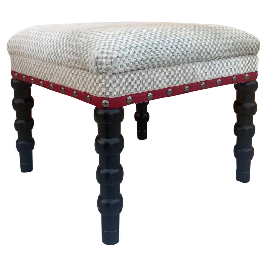 Bunny Williams Red Tape Stool in Natural Woven Cowhide with Ebony Legs For Sale