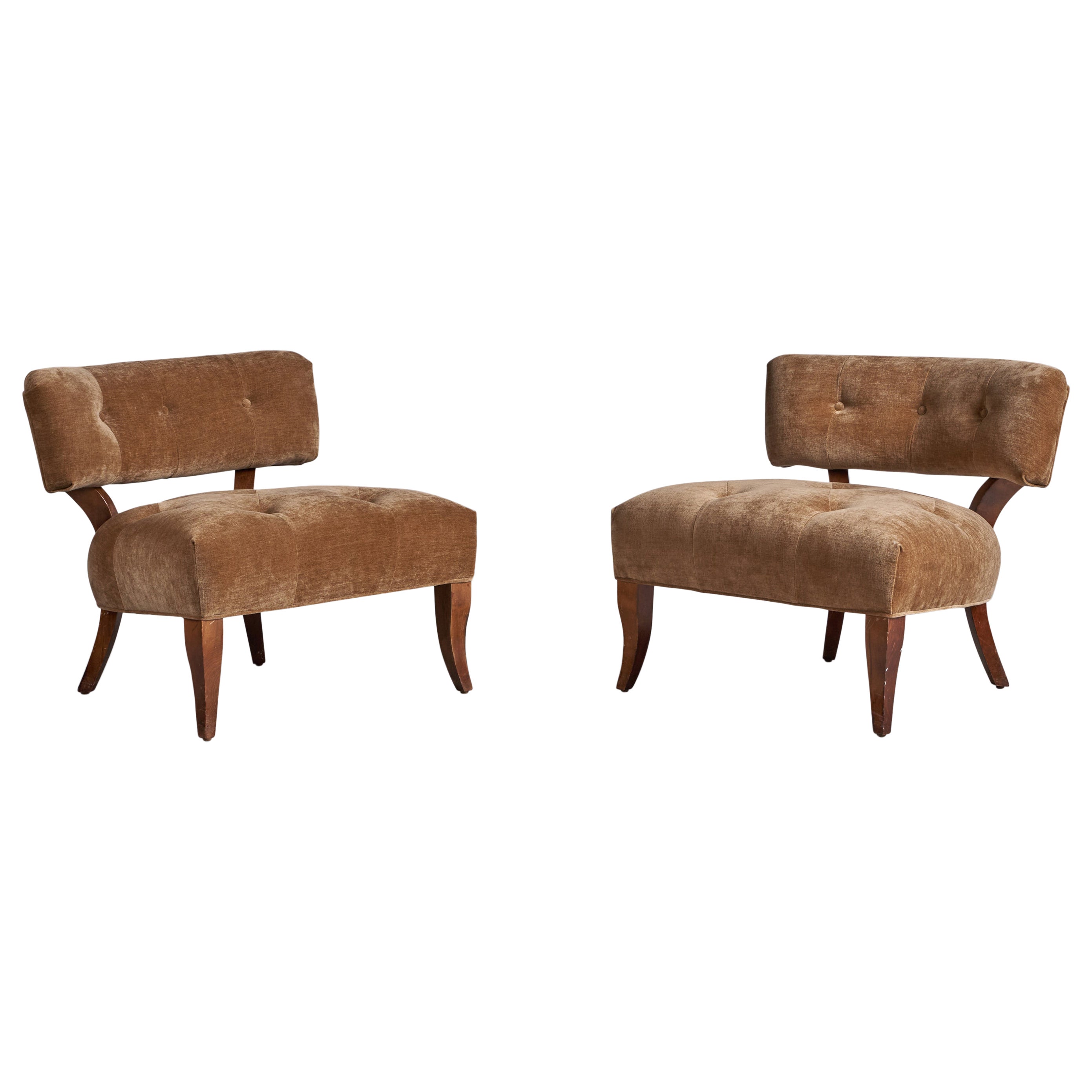 Billy Haines Attribution, Slipper Chairs, Wood, Velvet, USA, 1940s For Sale