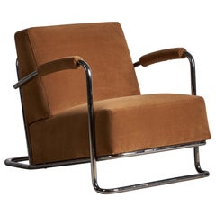 René Coquery, Lounge Chair, Tubular Steel, Velvet, France, 1930s