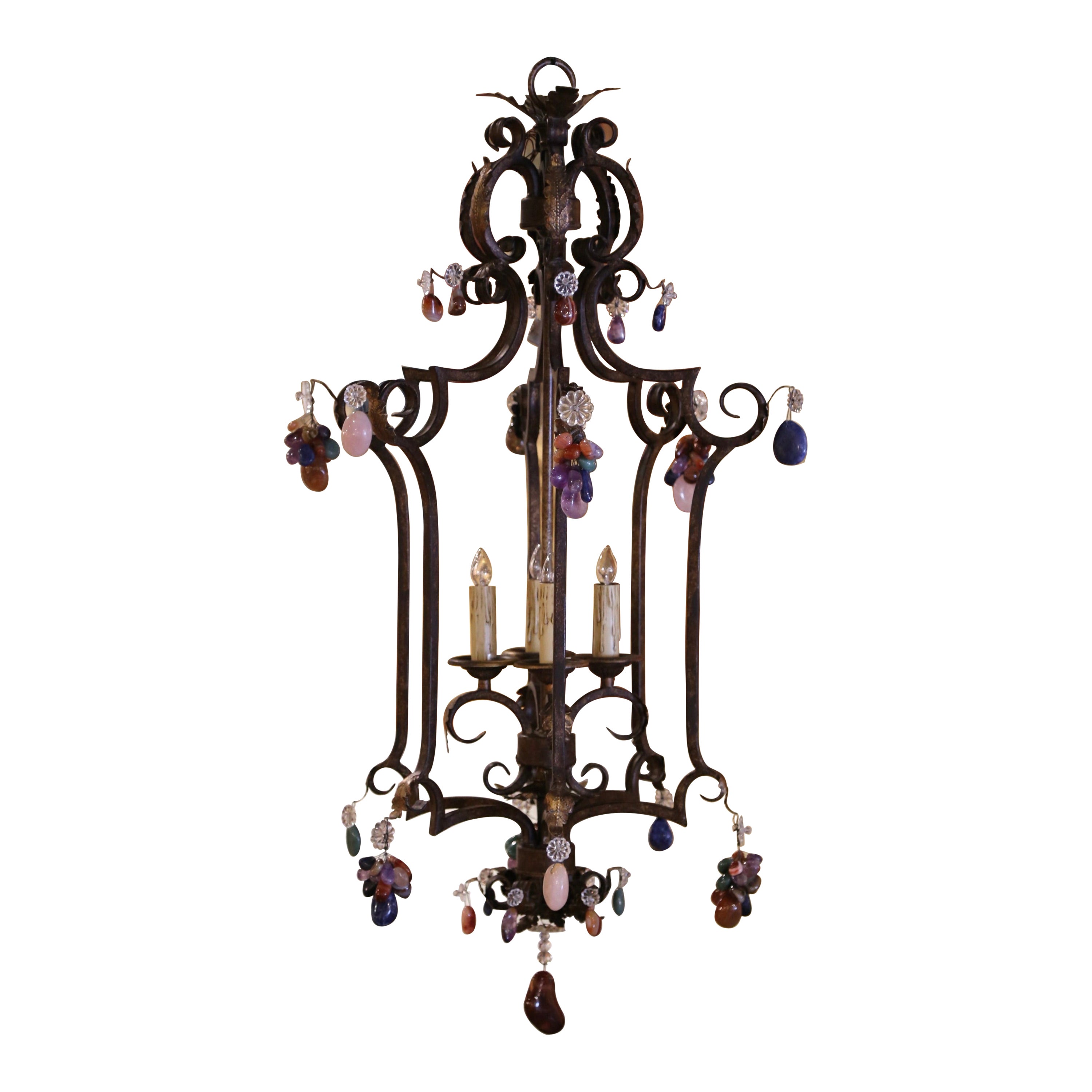 Midcentury French Louis XV Iron and Crystal Pendants Four-Light Ceiling Lantern