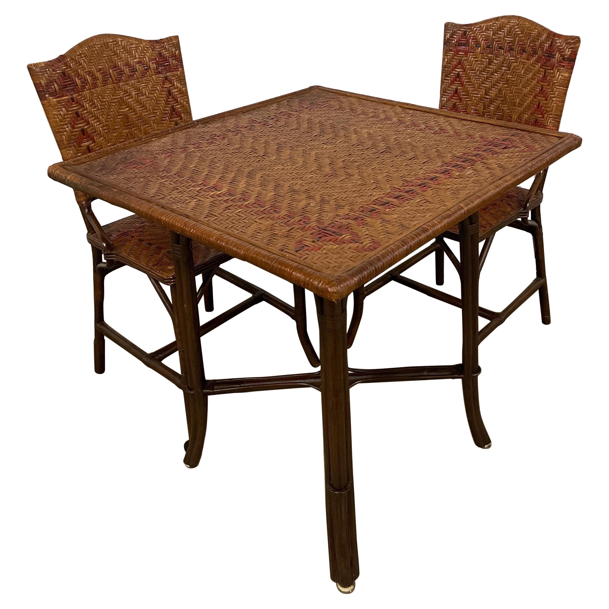 Vintage Woven Bamboo Game / Breakfast Table & Two Chairs For Sale