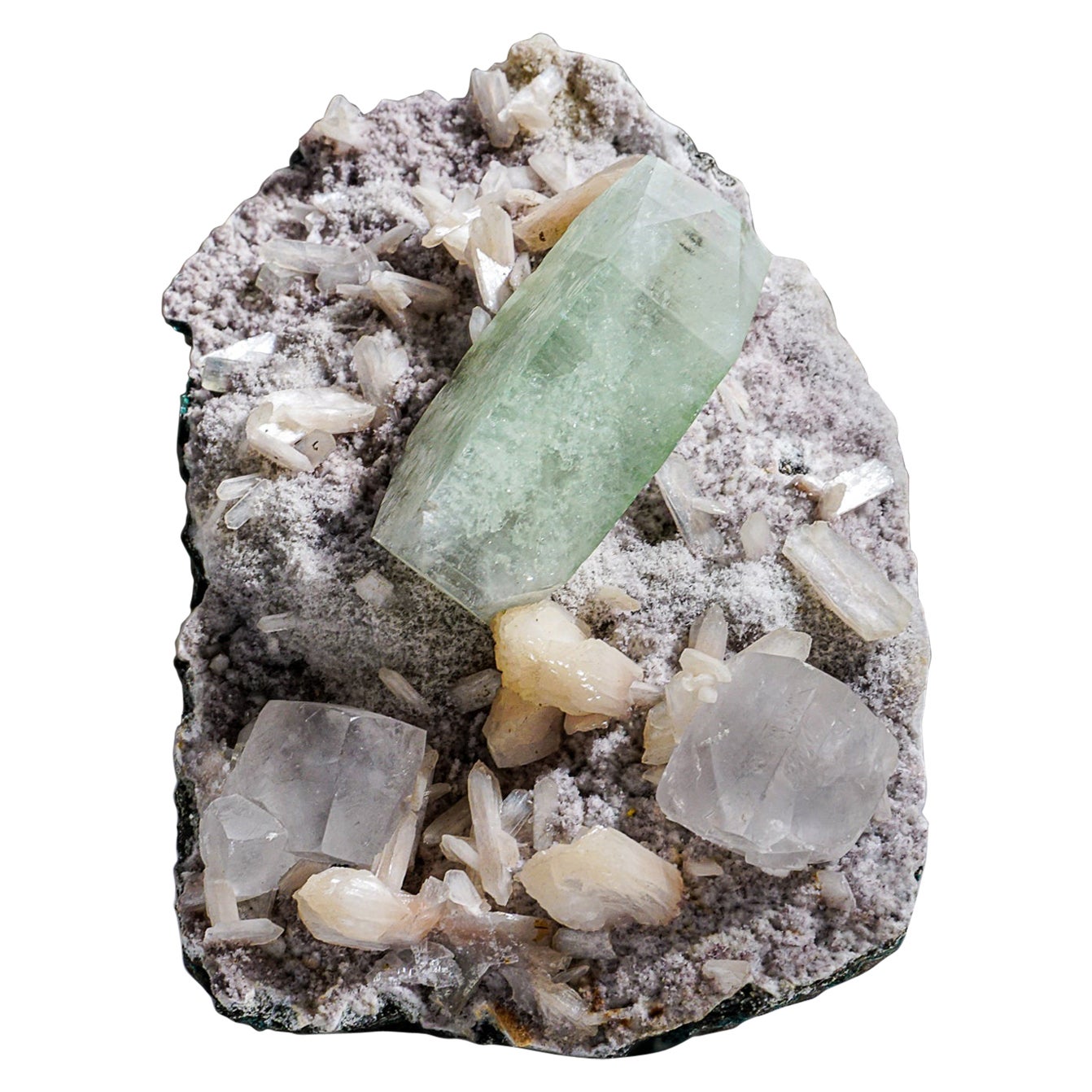 Green Apophyllite with Gem Calcite and Stilbite from Pune District, India For Sale