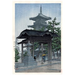 Authentischer japanischer Holzschnitt von Kawase Hasui – Zensetsu- Tempel in Sanshu