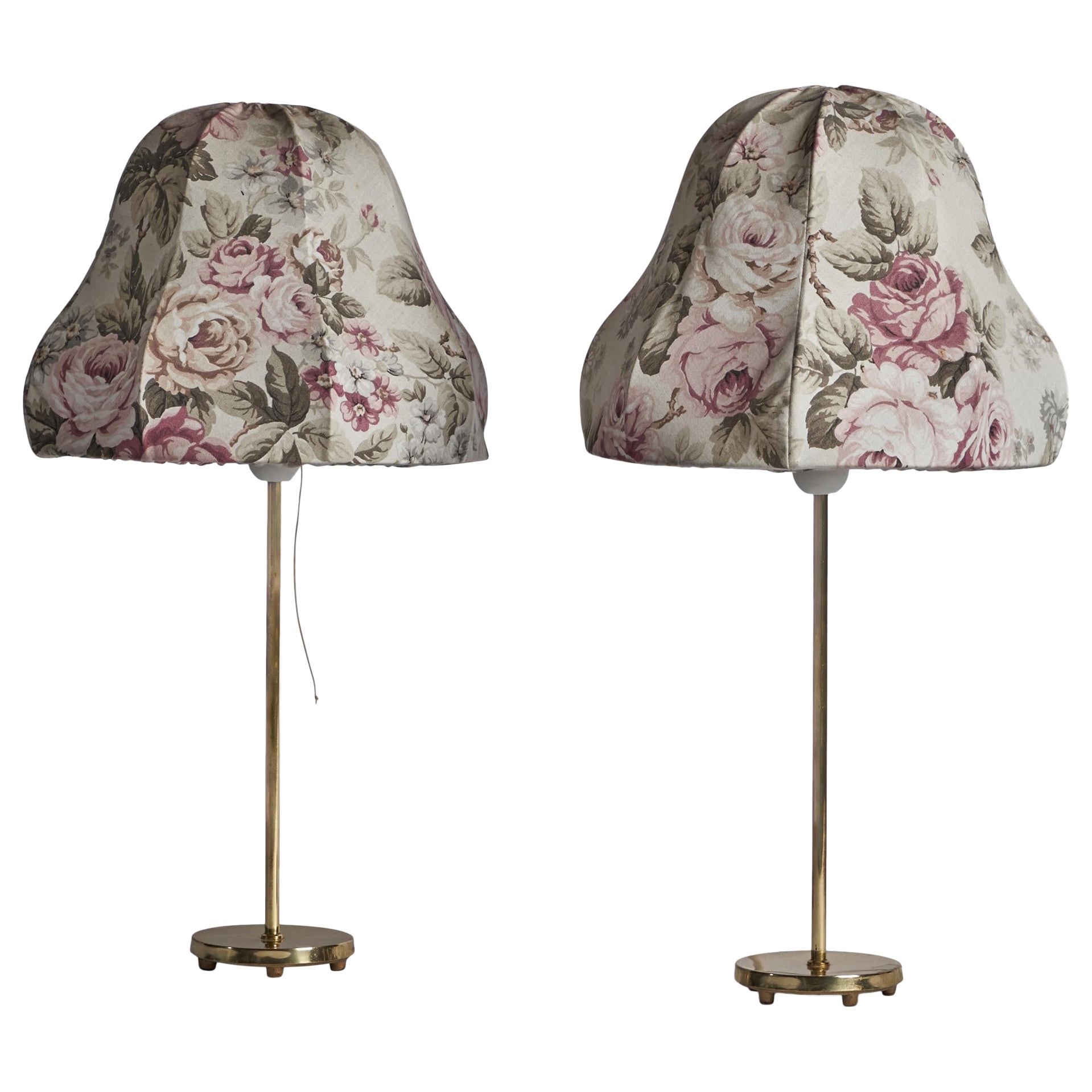 Swedish Designer, Table Lamps, Brass, Fabric, Sweden, 1940s For Sale