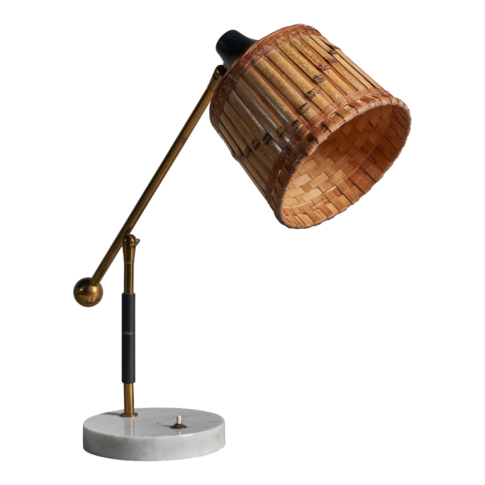 Italian Designer, Table Lamp, Brass, Metal, Marble, Rattan, Italy, 1950s