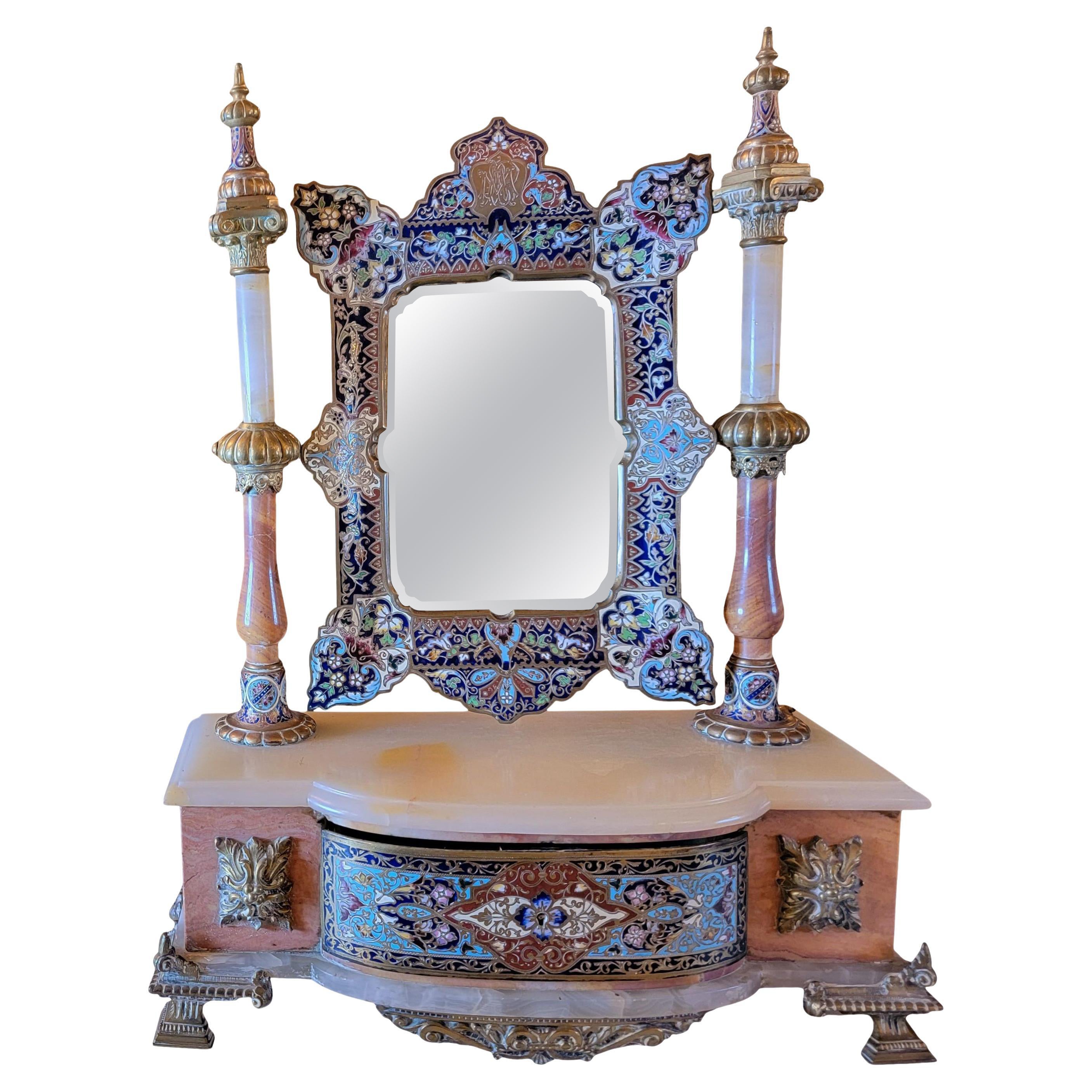 Miroir de courtoisie en onyx français champlevé du 19e siècle en vente