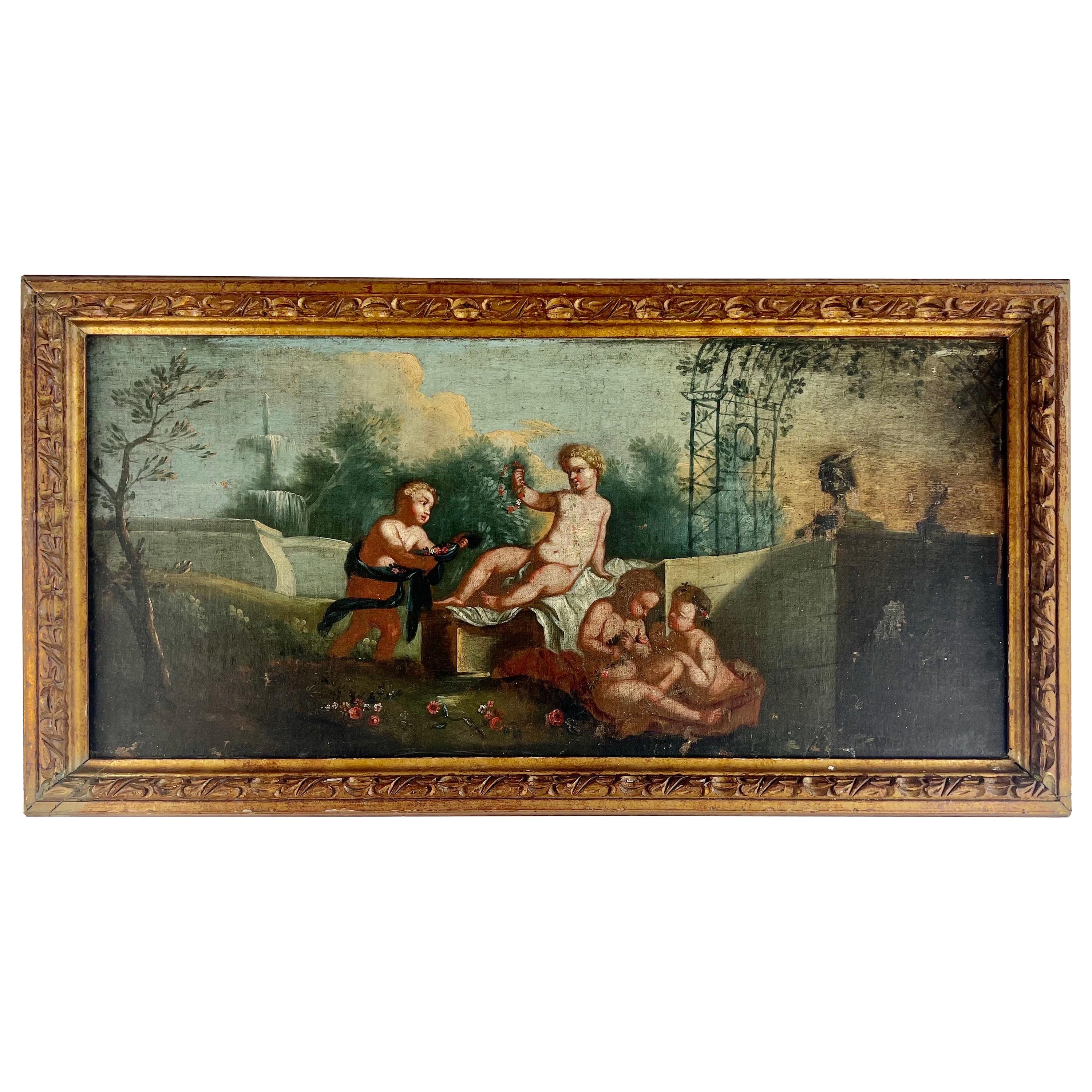 19th C. Italian Oil on Canvas w/ Cherubs For Sale