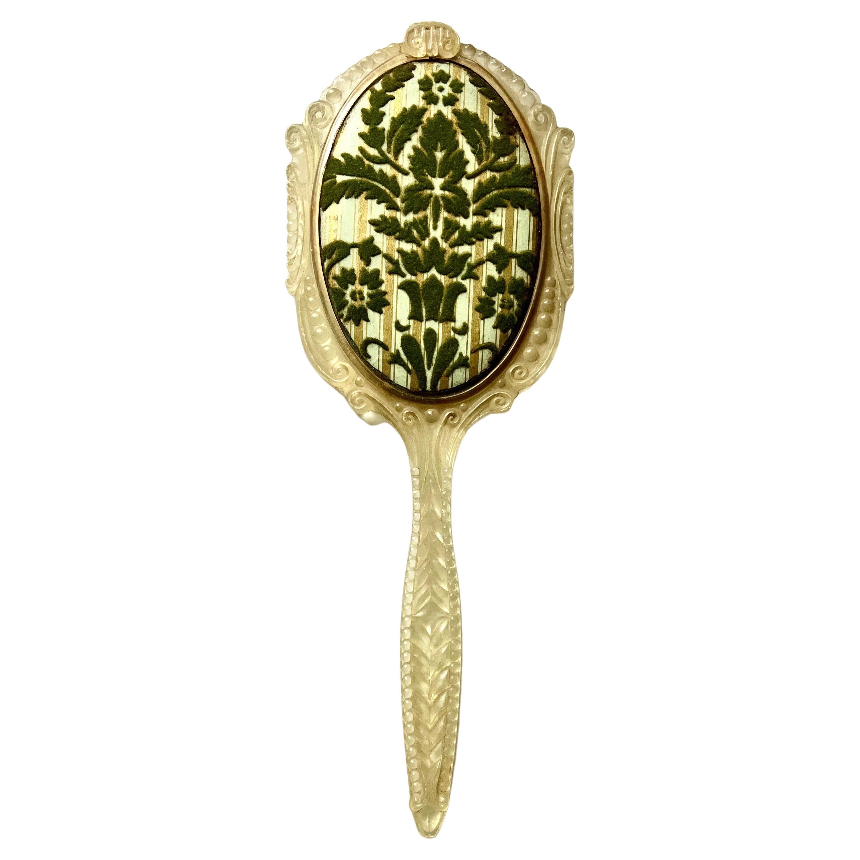 Hand Mirror with Ornate Plastic Frame and Cut Velvet Decorative Backing For Sale