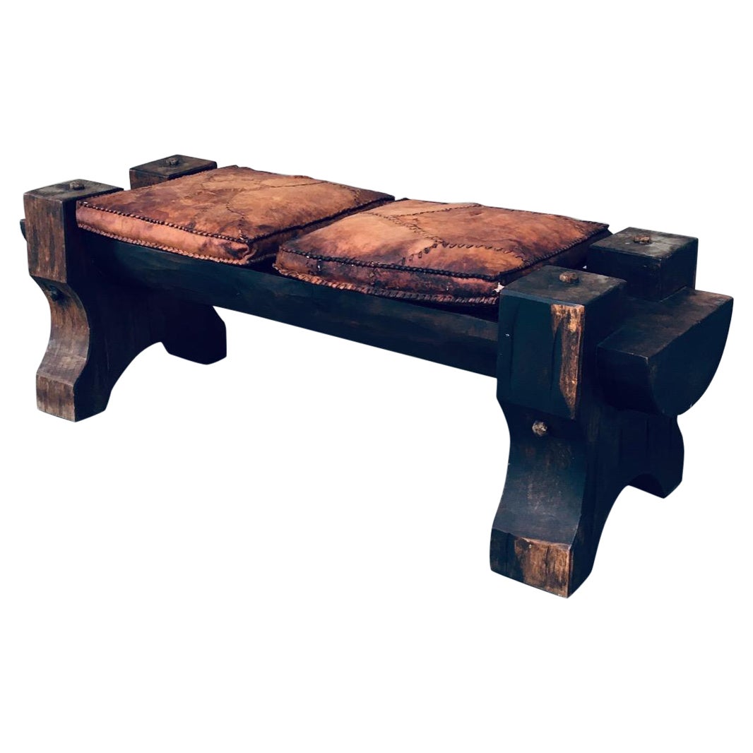Handcrafted Primitive Exotic Wood & Leather Bench, Brazil 1960's