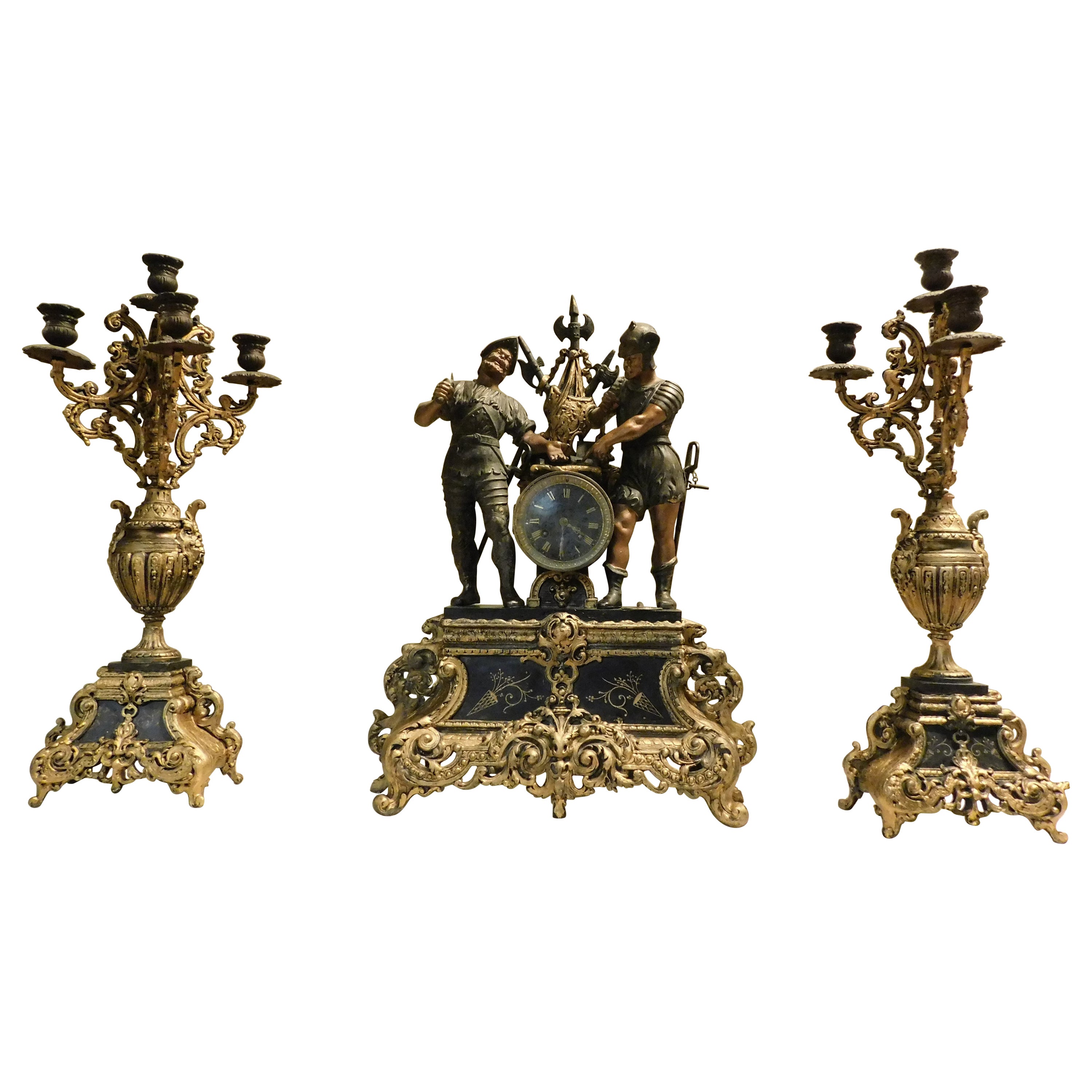 fireplace triptych in bronze formed by clock and 2 candlesticks, Italy For Sale