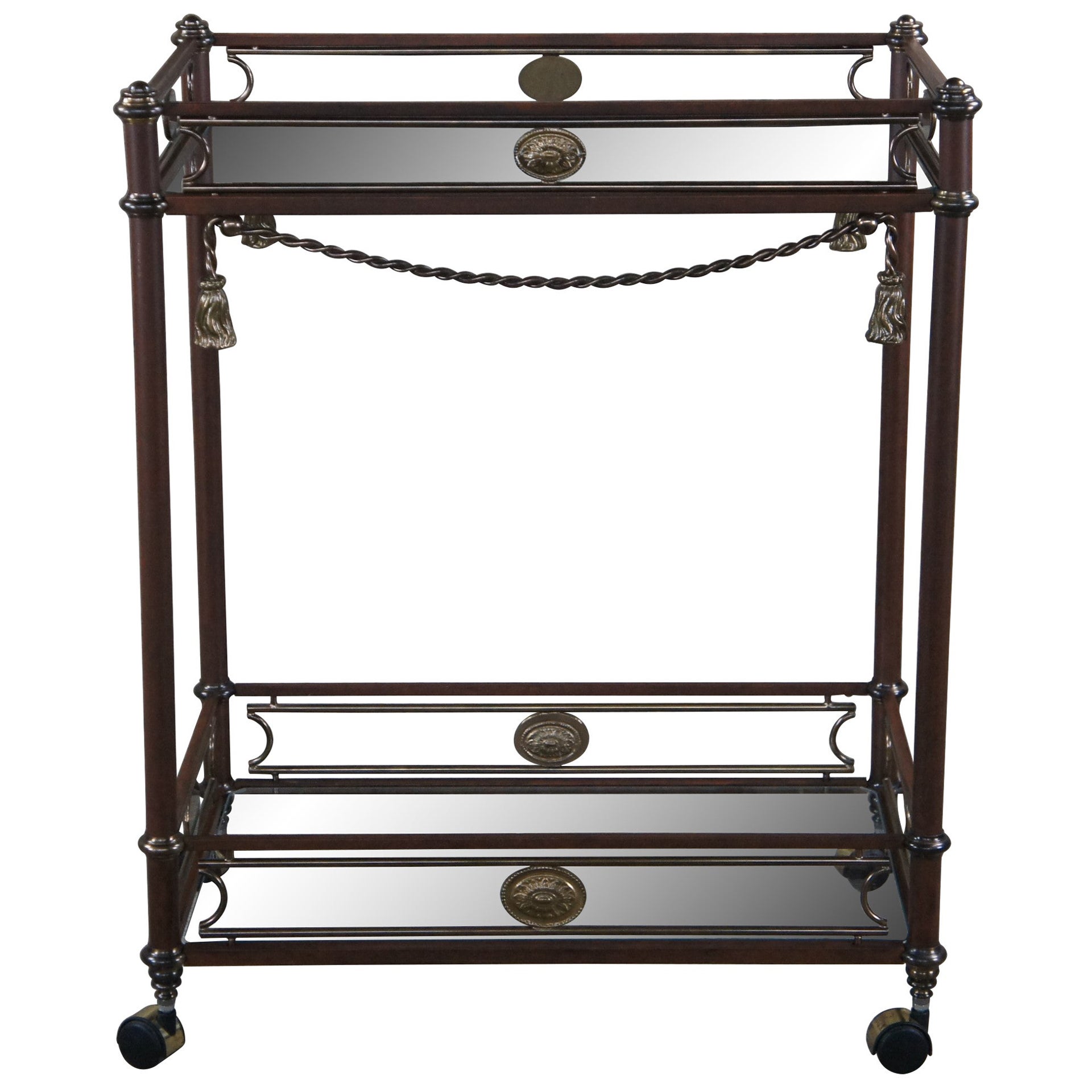 Neoclassical Metal & Brass Glass Tiered Rolling Trolley Butlers Bar Serving Cart For Sale