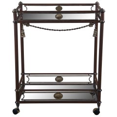 Neoclassical Metal & Brass Glass Tiered Rolling Trolley Butlers Bar Serving Cart
