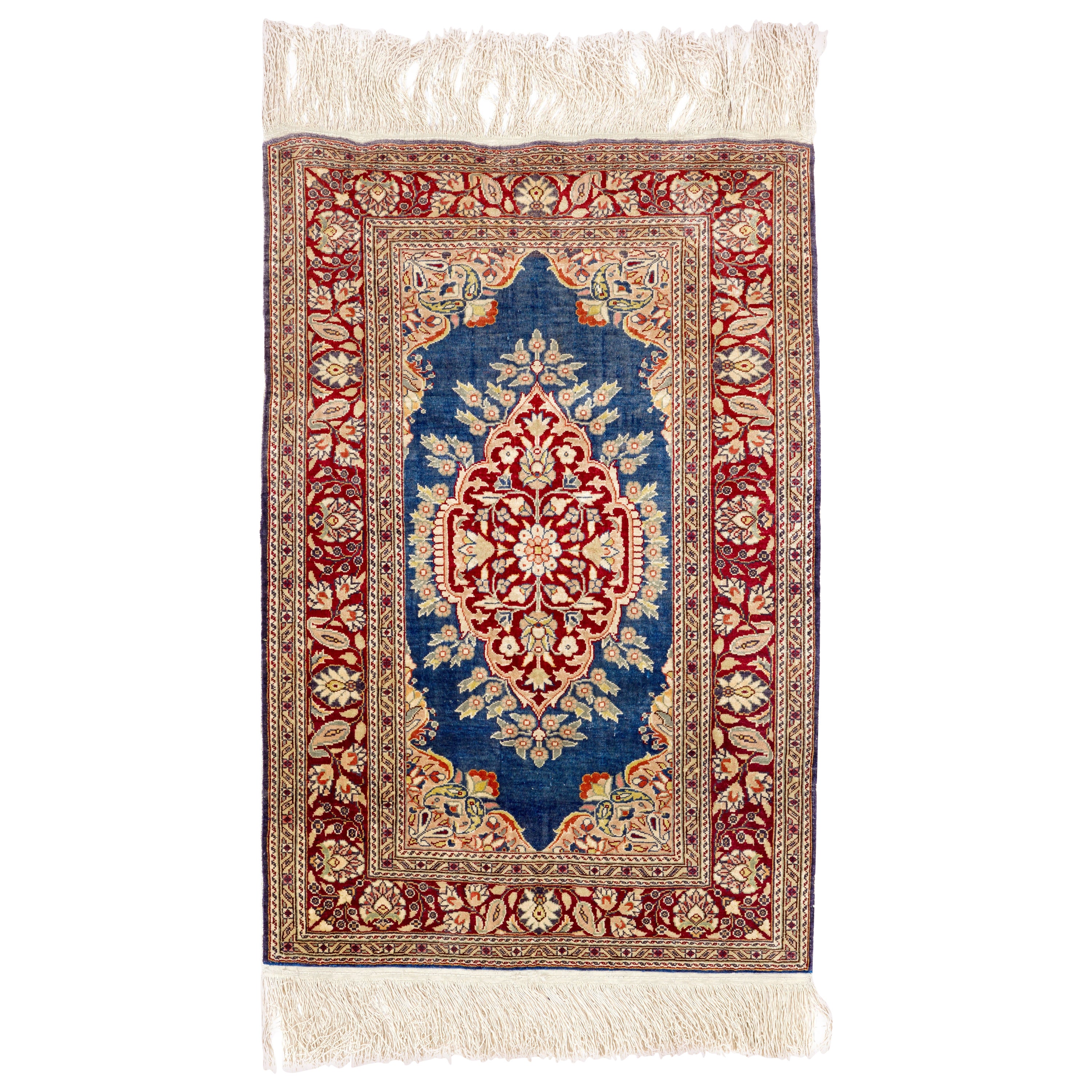 100% Silk Vintage Turkish Kayseri Accent Rug, Handmade Wall Hanging. 2x3 Ft For Sale