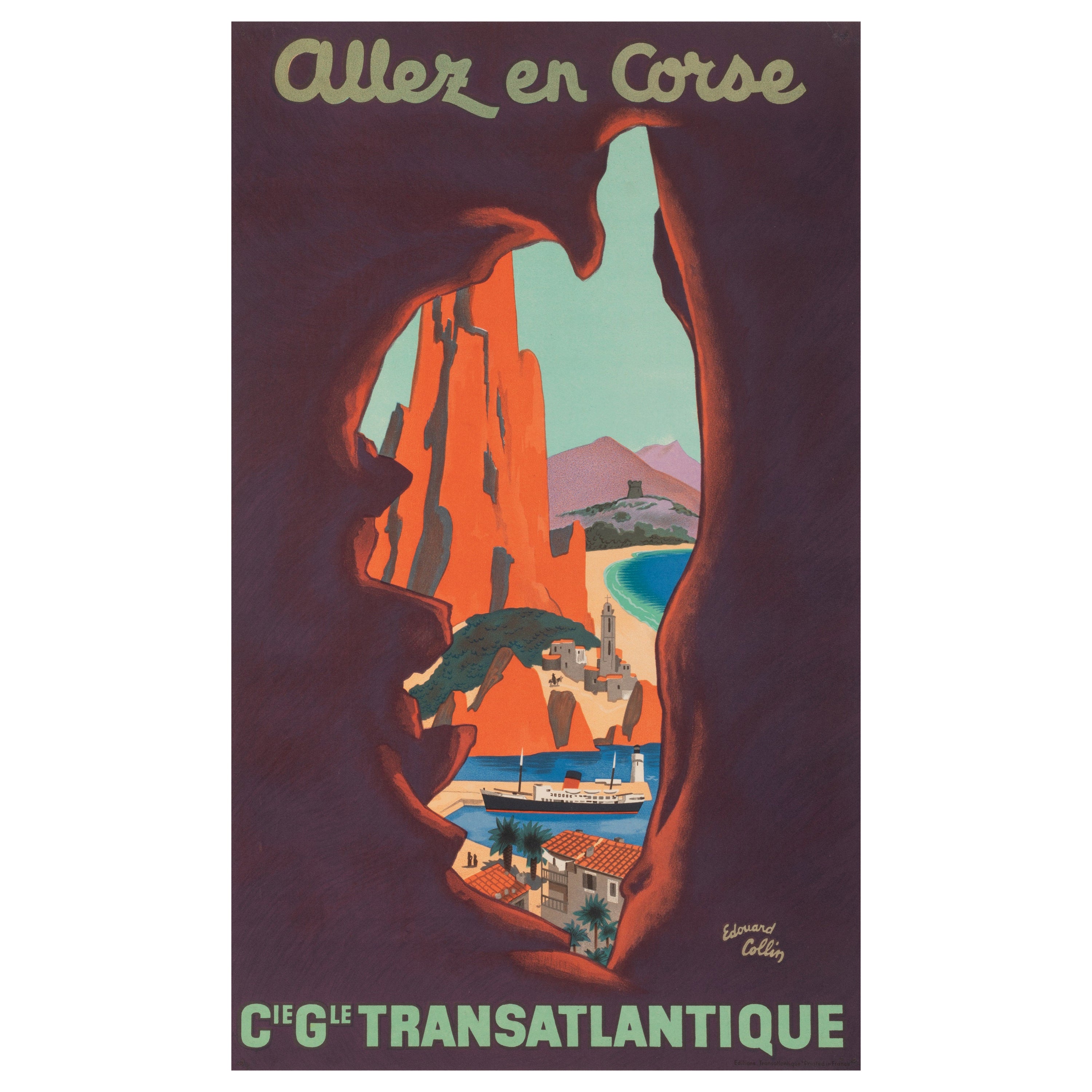 Collin, Original Vintage Poster, Corsica, Transatlantique, Ocean Liner, 1950 For Sale