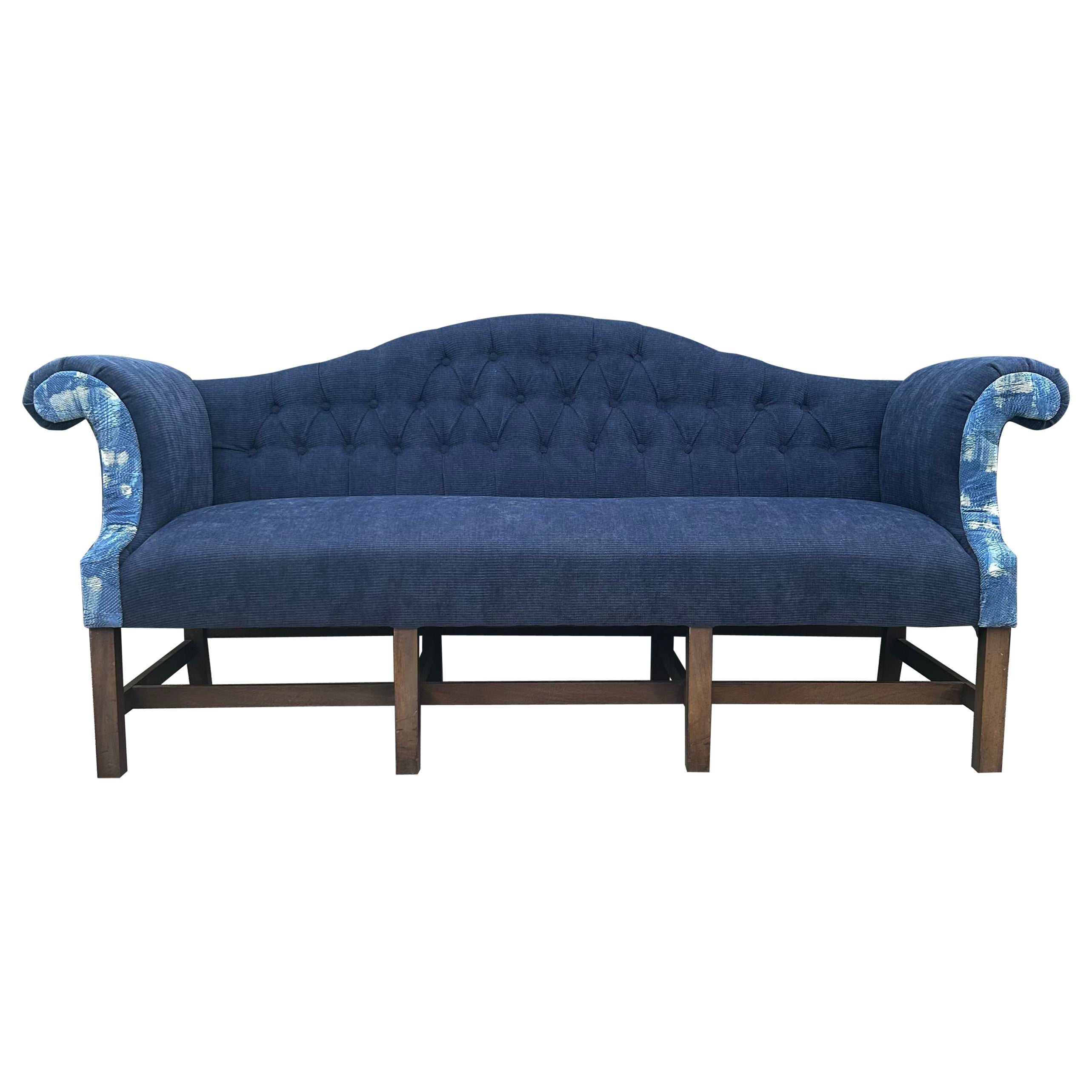 Vintage Camelback Sofa with Tufted Back in Blue Corduroy and Velvet For Sale