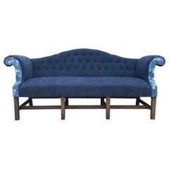 Antique Camelback Sofa with Tufted Back in Blue Corduroy and Velvet