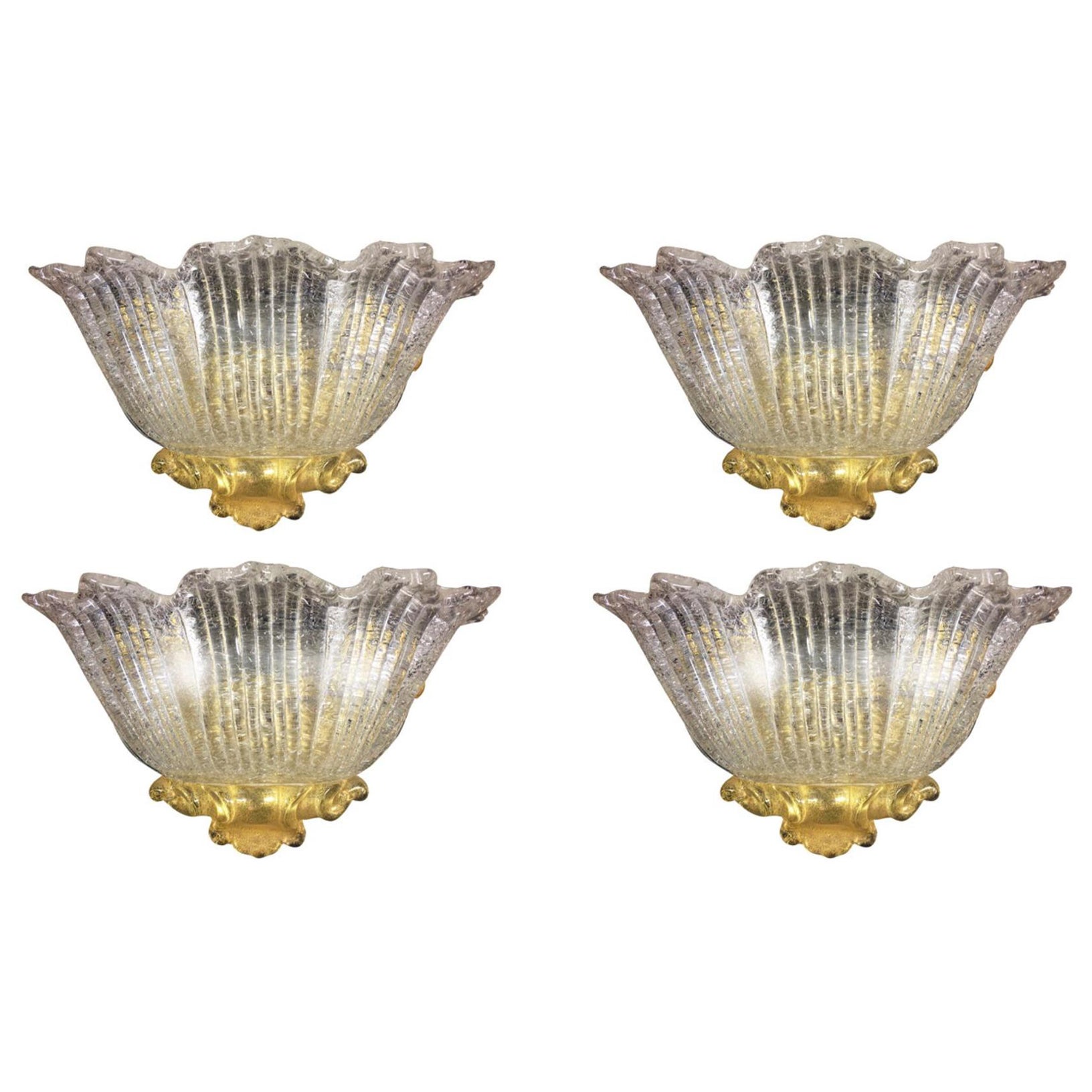 Set  Four Sconces Gold Inclusions Barovier & Toso Style, Murano, 1980 For Sale