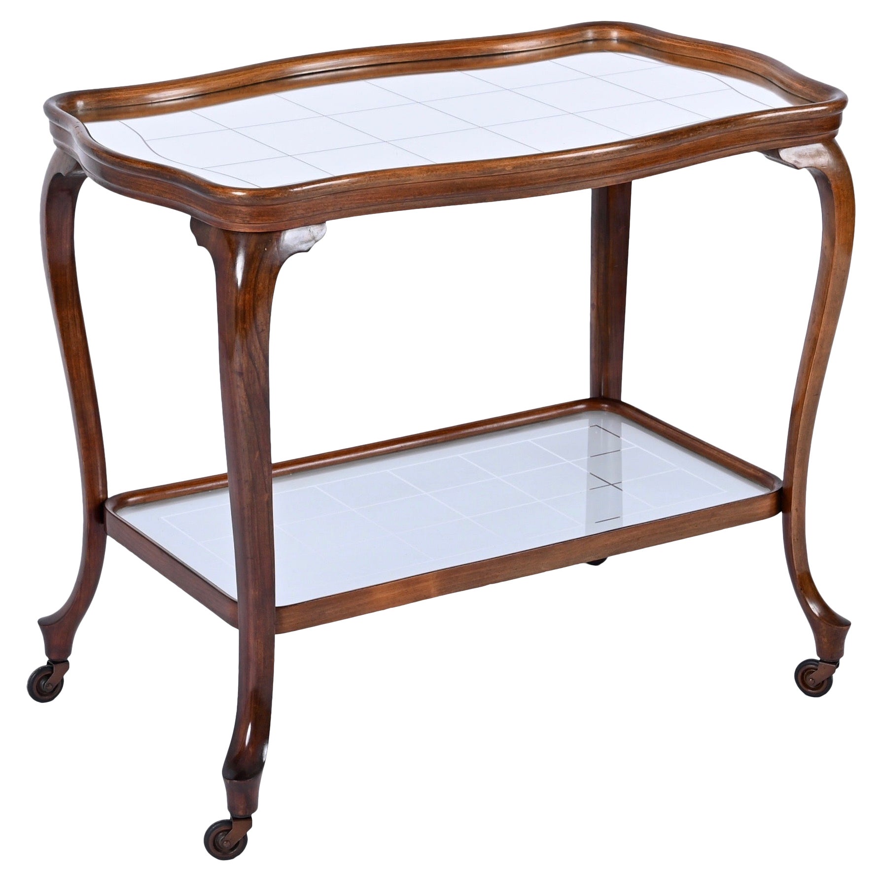 Louis XV Style Bar Cart in Oak with Mirror Top and Glass, Italy 1930s For Sale