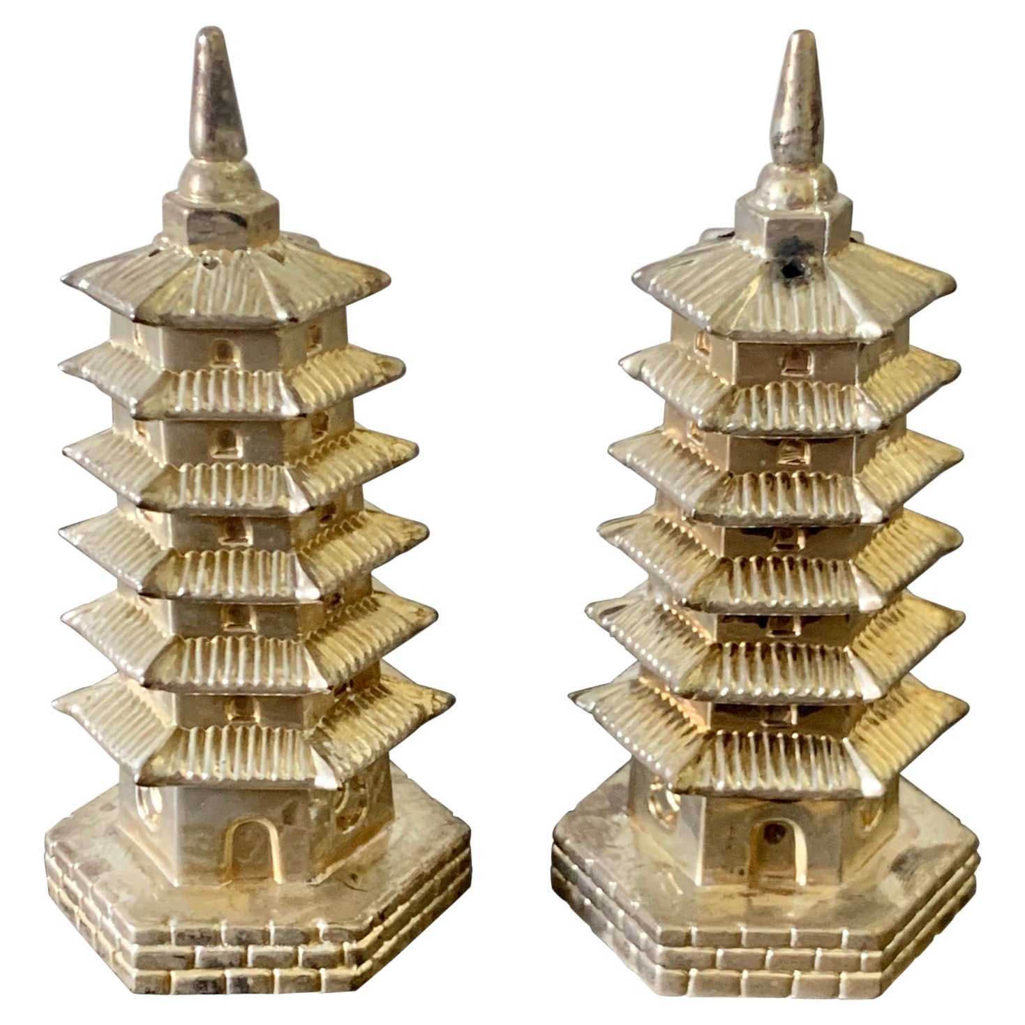 Silver Godinger Chinoiserie Pagoda Salt and Pepper Shakers For Sale