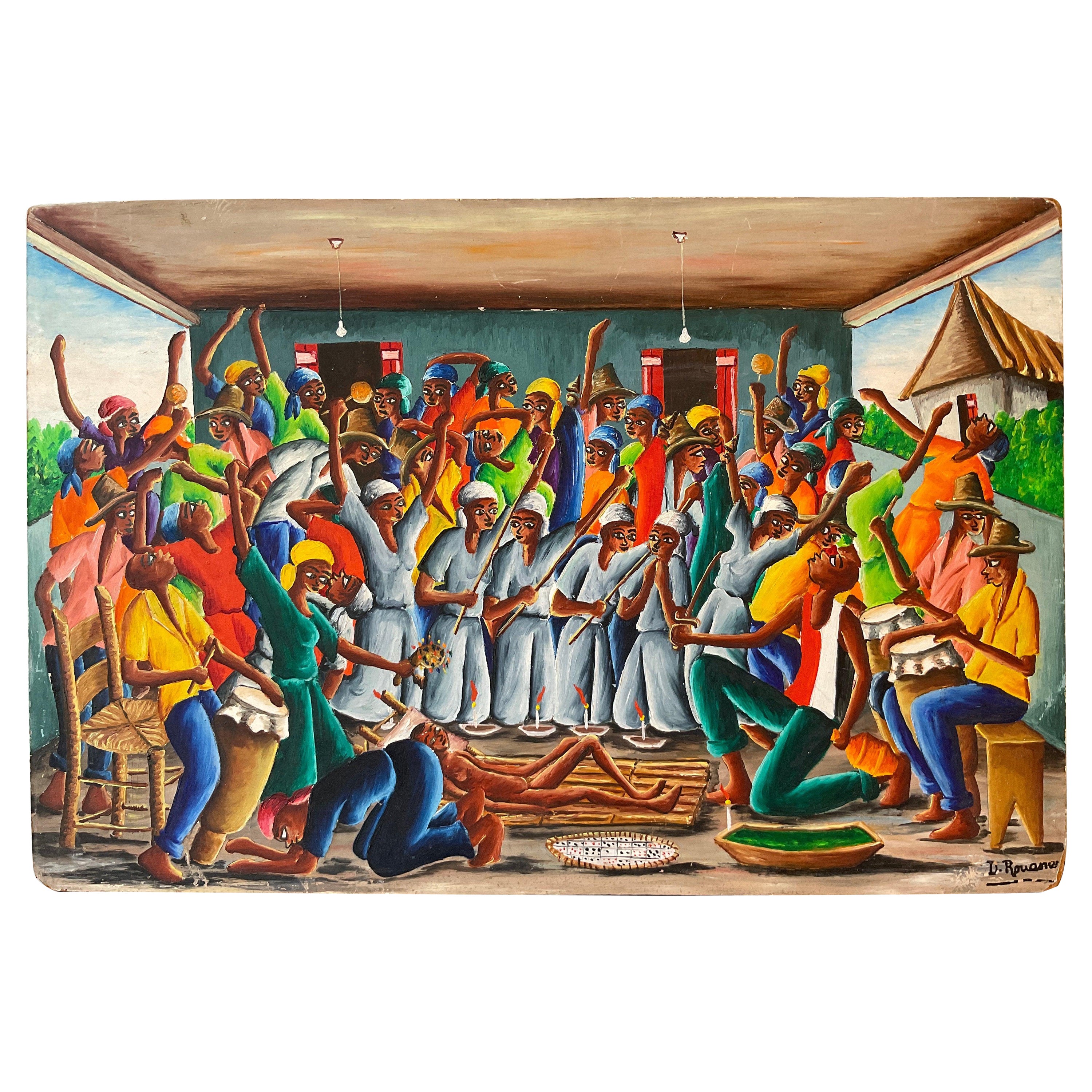 Dieudonne Rouanez oil Painting On Board Of Haitian Celebration
