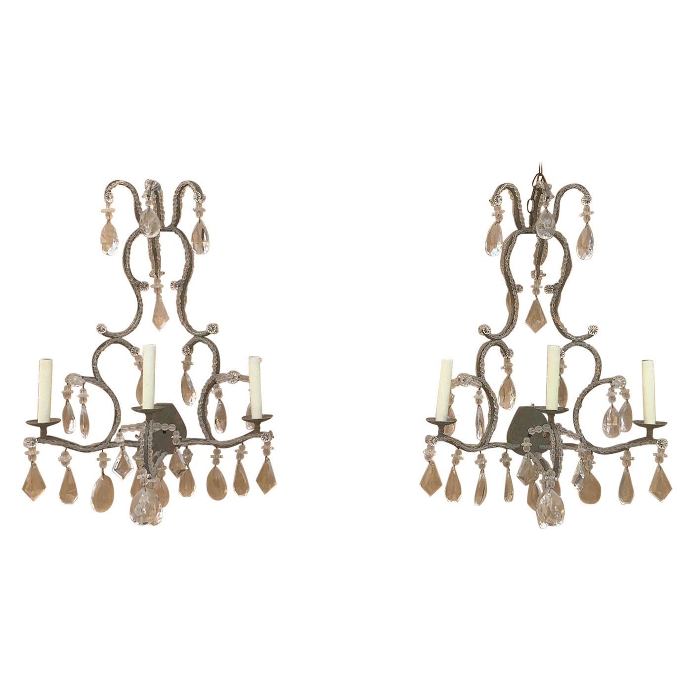Dennis & Leen French Louis XIV Style Iron & Crystal Beaded Wall Sconces - Pair