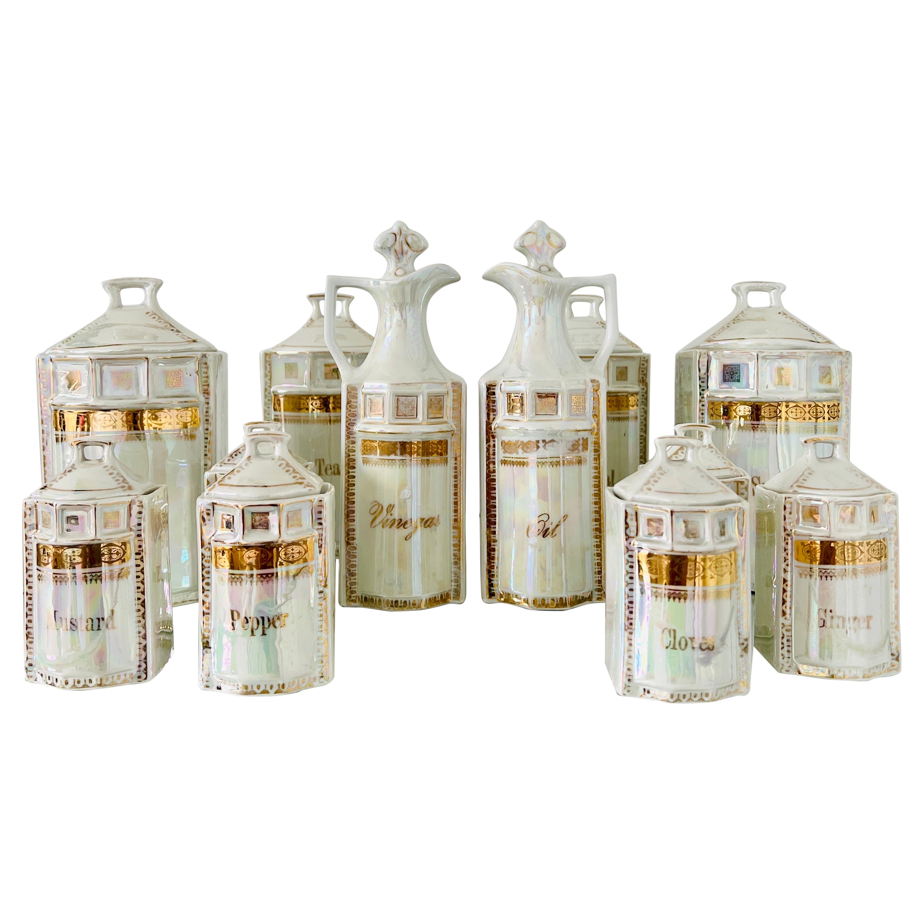 Antique Porcelain Canister Storage Jars and Spice Set / 13, Germany c. 1900 For Sale